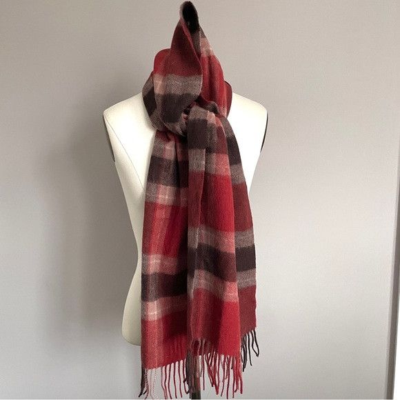 Other Red Brown Plaid Wool Fringed Scarf - 100% Wool, Unisex🧣 Size ONE SIZE - 2 Thumbnail