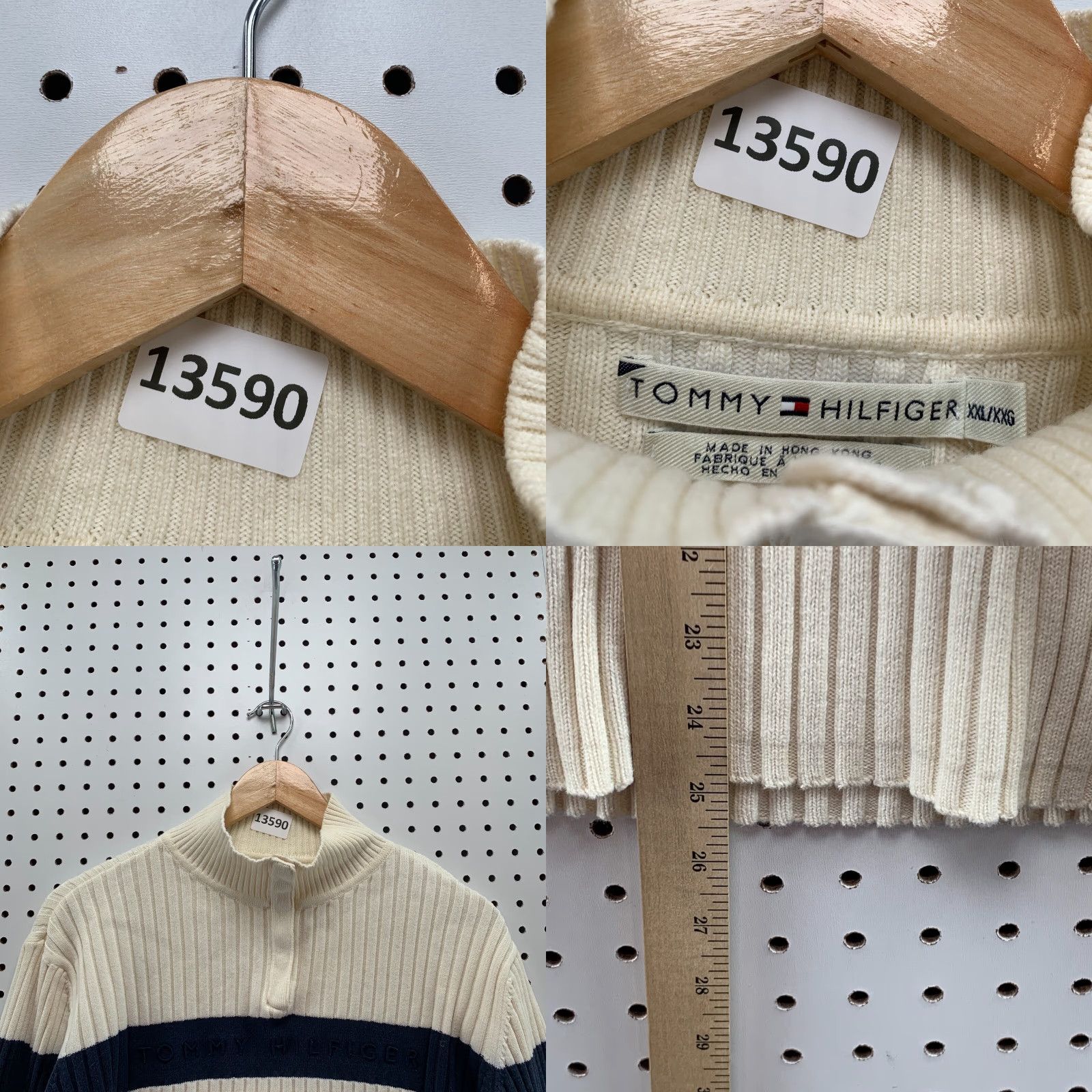 Tommy Hilfiger Tommy Hilfiger Ribbed Knit 1/4 Snap Sweater Striped Beige Blue Womens 2XL Mock Neck 90s Pullover Size XXL / US 16-18 / IT 52-54 - 8 Thumbnail