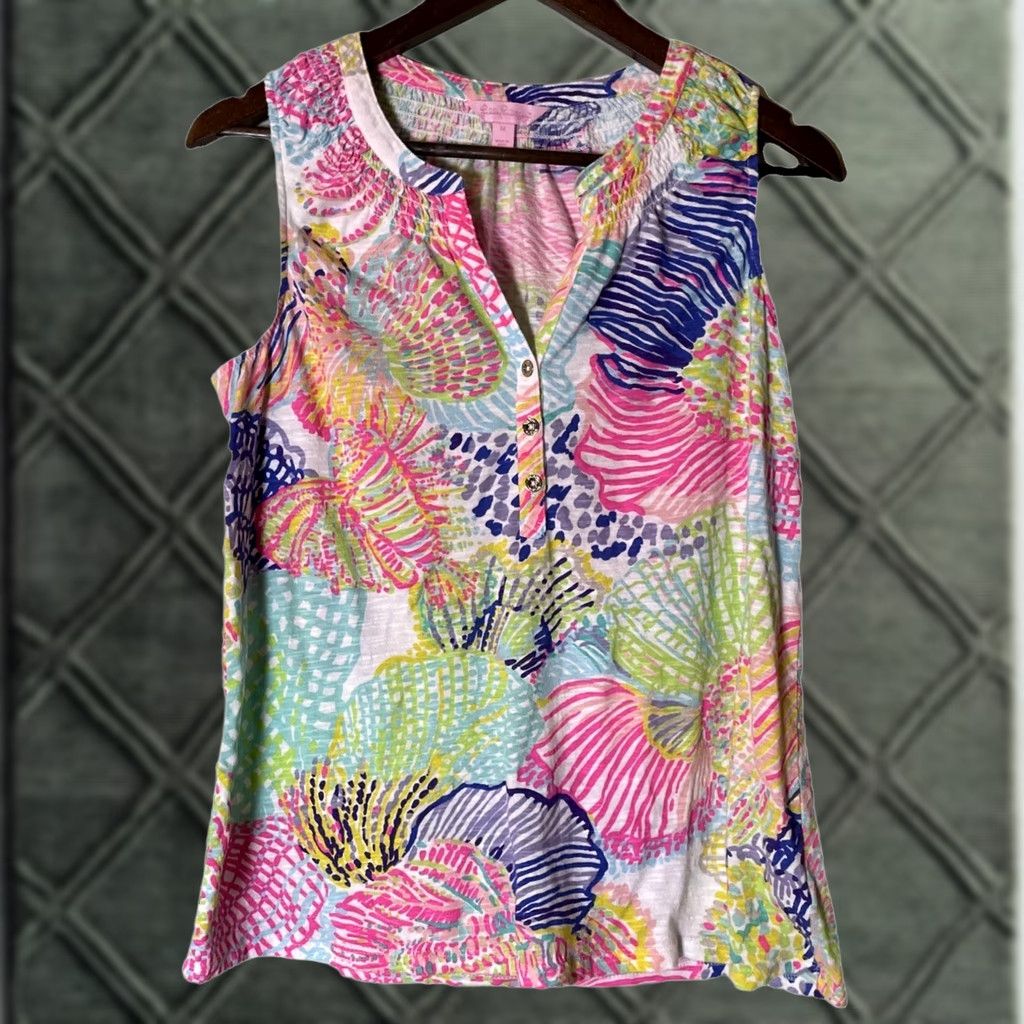 Lilly Pulitzer Lilly Pulitzer Tank Top M Multicolor Floral Beach Spring Summer Womens Roar Of The Seas Green Pink Purple V-Neck Sleeveless Cotton Size M / US 6-8 / IT 42-44 - 1 Thumbnail
