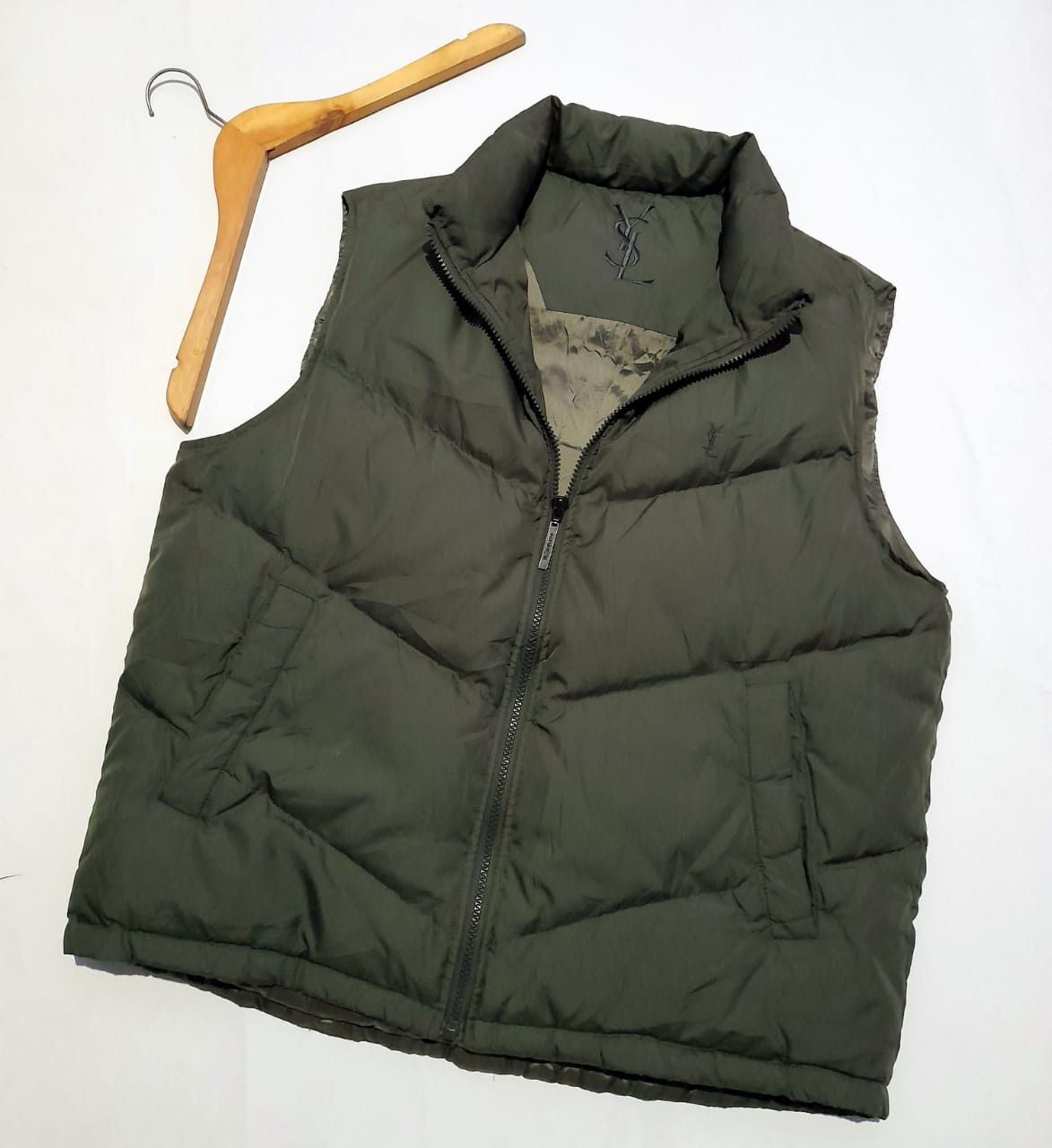 image of Down Vest Big Logovintage YVES Saint Laurent Vest Down in Army Green, Men's (Size Medium)
