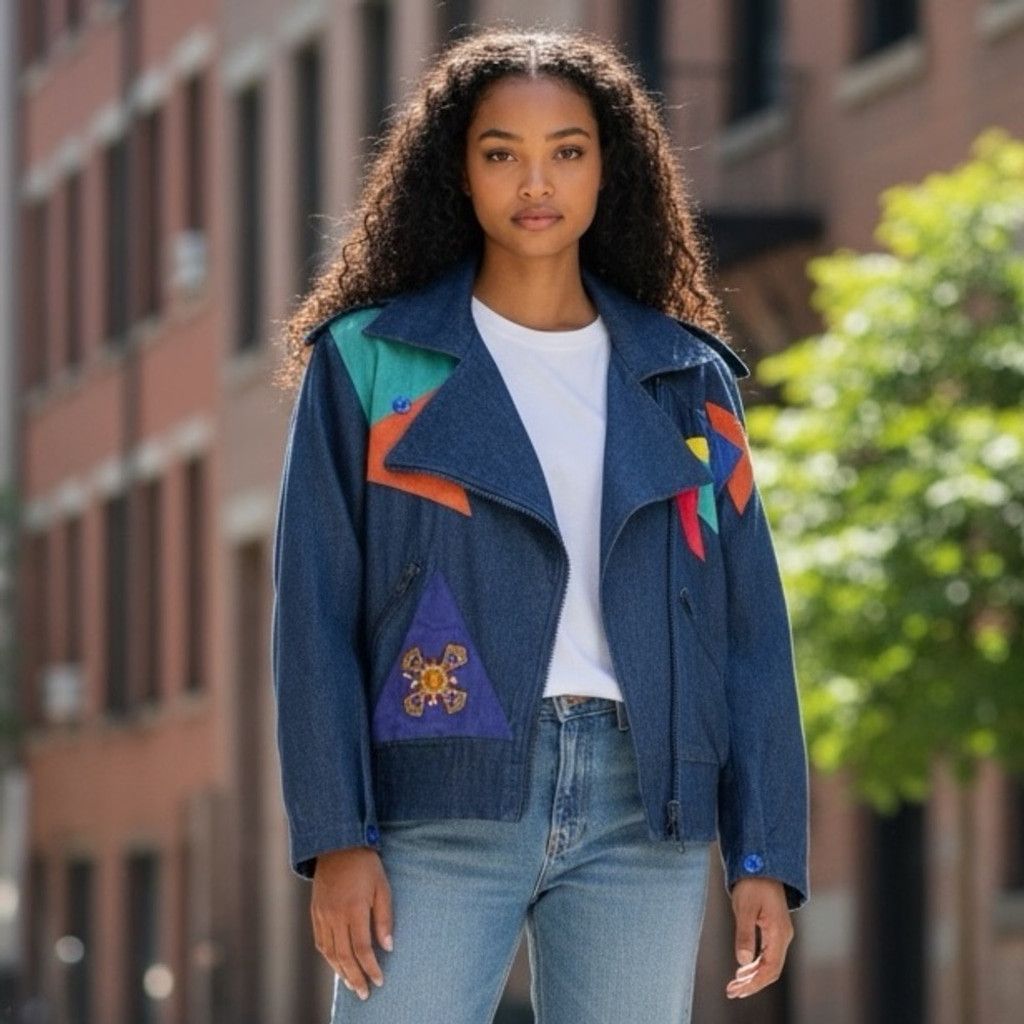 Vintage Vintage Embellished Denim & Suede Patchwork Moto Bomber L Size L / US 10 / IT 46 - 2 Thumbnail