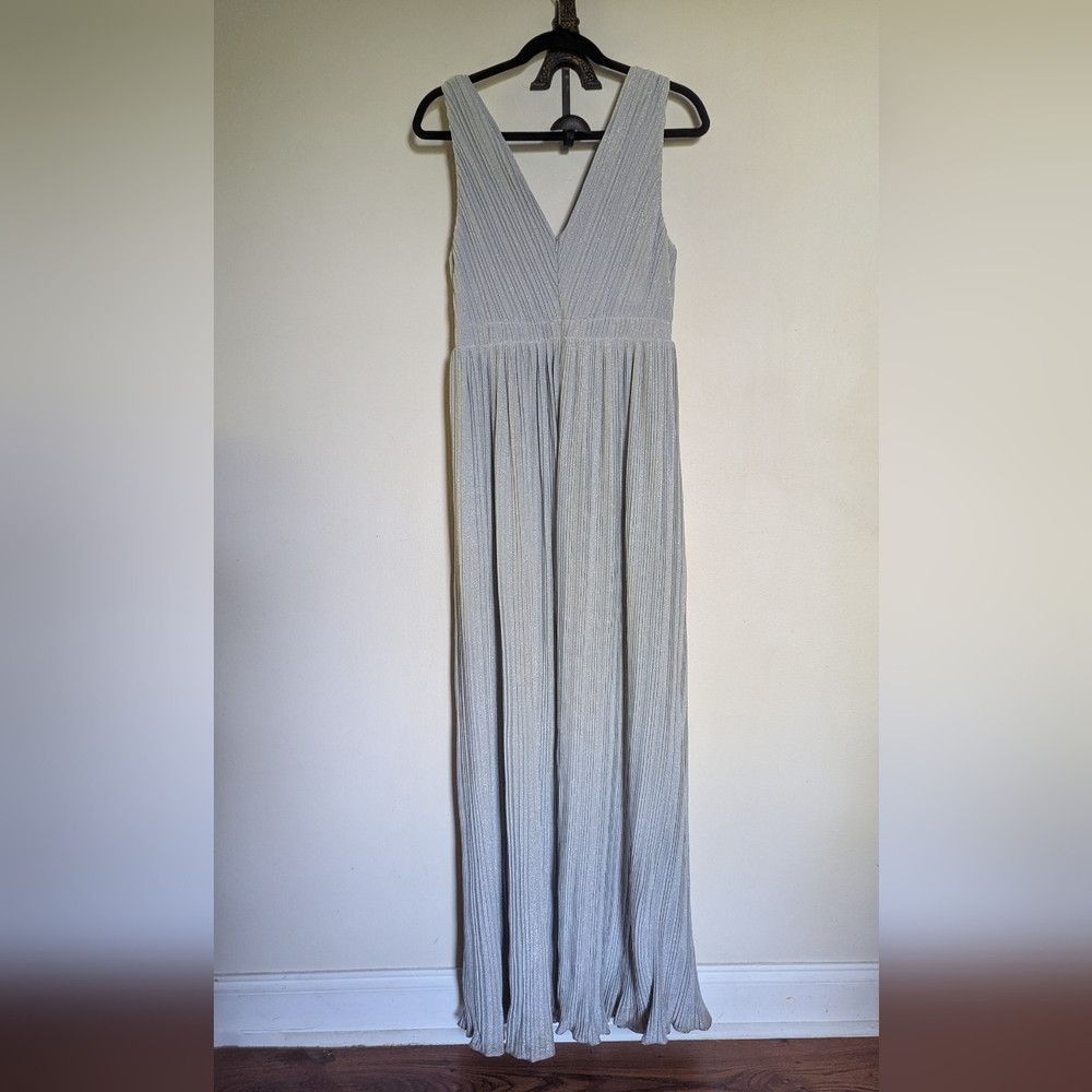 Halston Heritage Halston Lana Pleated V-Neck Gown Silver Metallic Formal Wed Size M / US 6-8 / IT 42-44 - 4 Thumbnail