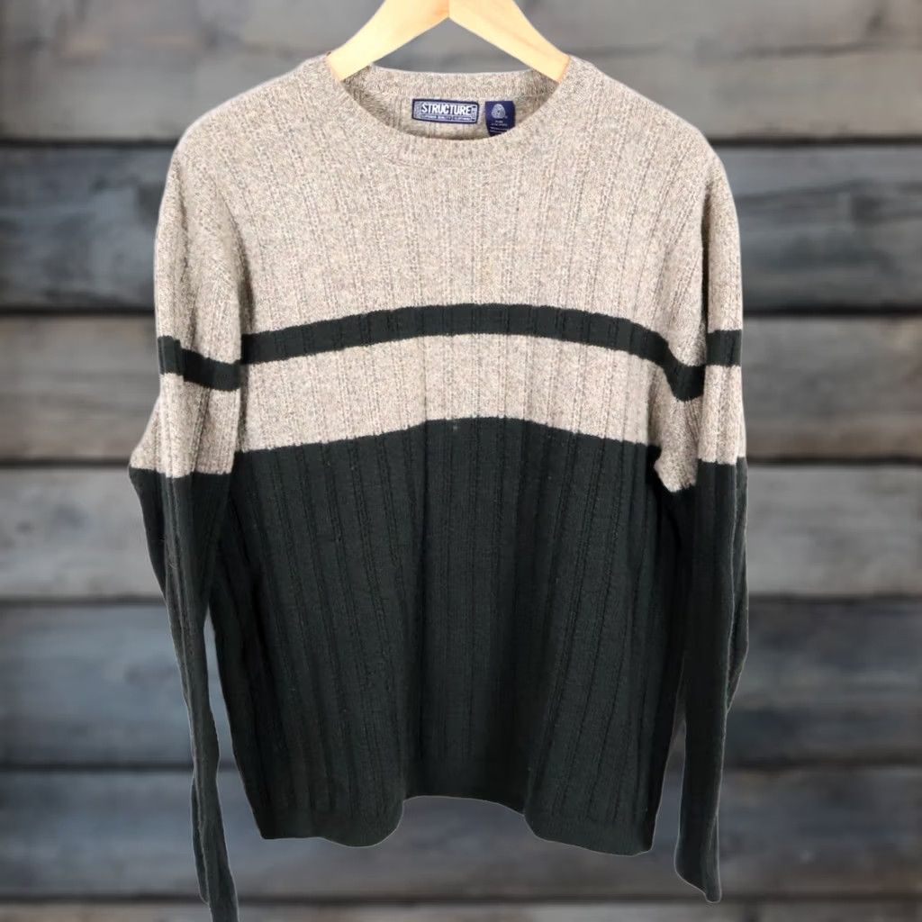Vintage VTG Structure Wool Sweater Men's Large Beige Black Stripe Ribbed Knit Crewneck Size US L / EU 52-54 / 3 - 1 Thumbnail