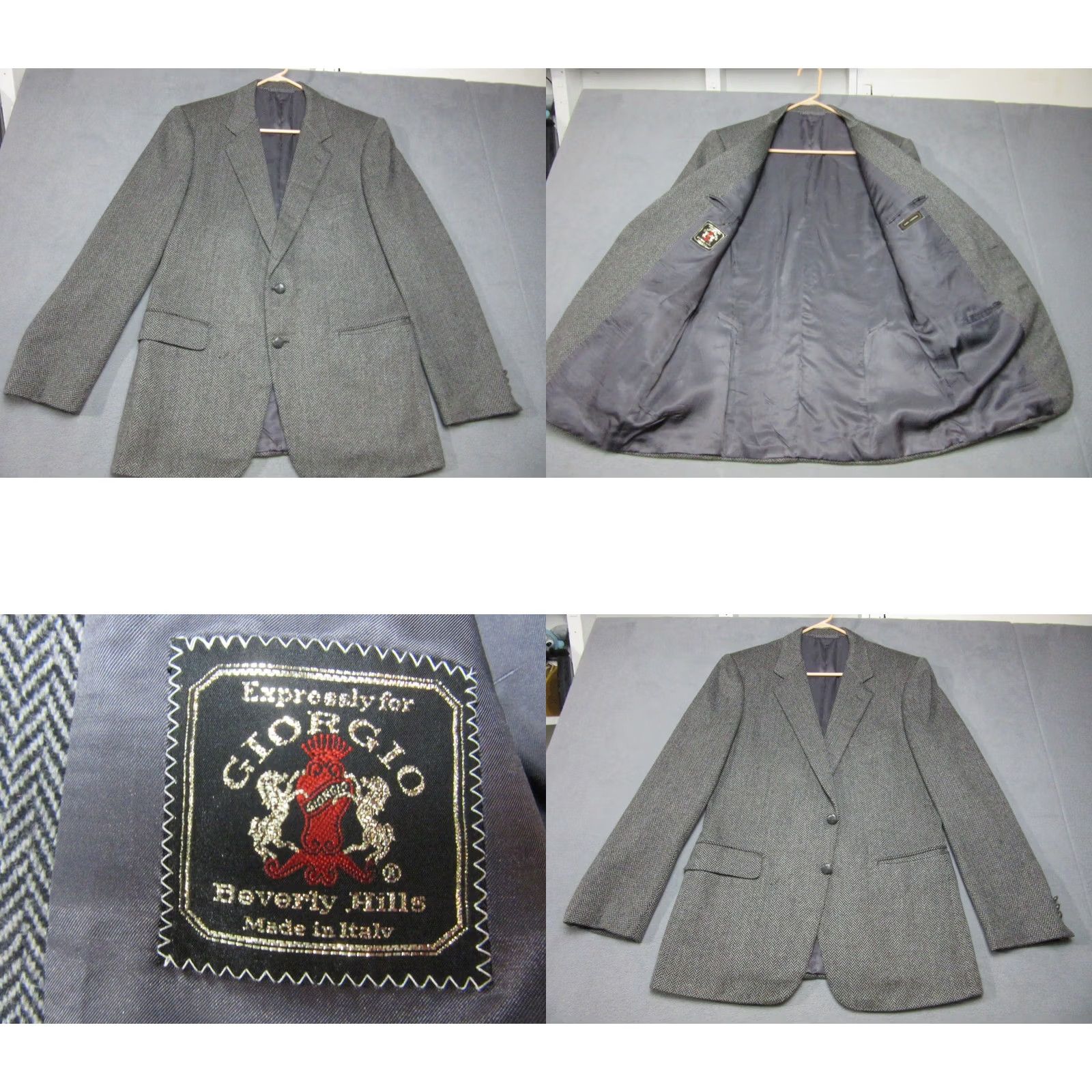 Vintage Giorgio Beverly Hills Sport Coat Blazer Mens 52 Gray Black Herringbone Cashmere Tweed Regular Single-Breasted Two-Button Notch Lapel Men Size 52R - 8 Thumbnail