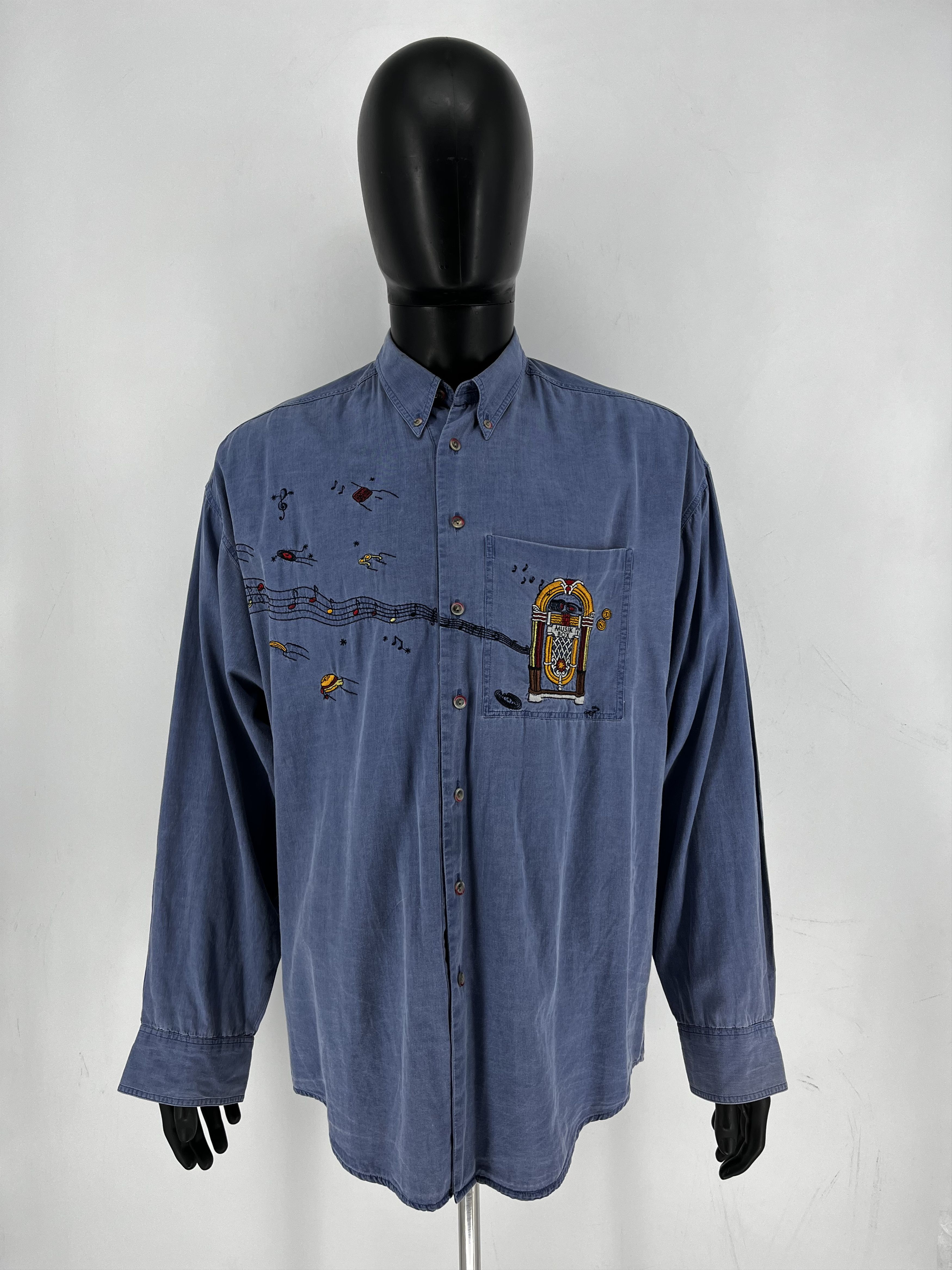 Haupt Haupt Germany Men’s Long Shirt Blue Embroidered Music Box Size US XL / EU 56 / 4 - 2 Thumbnail