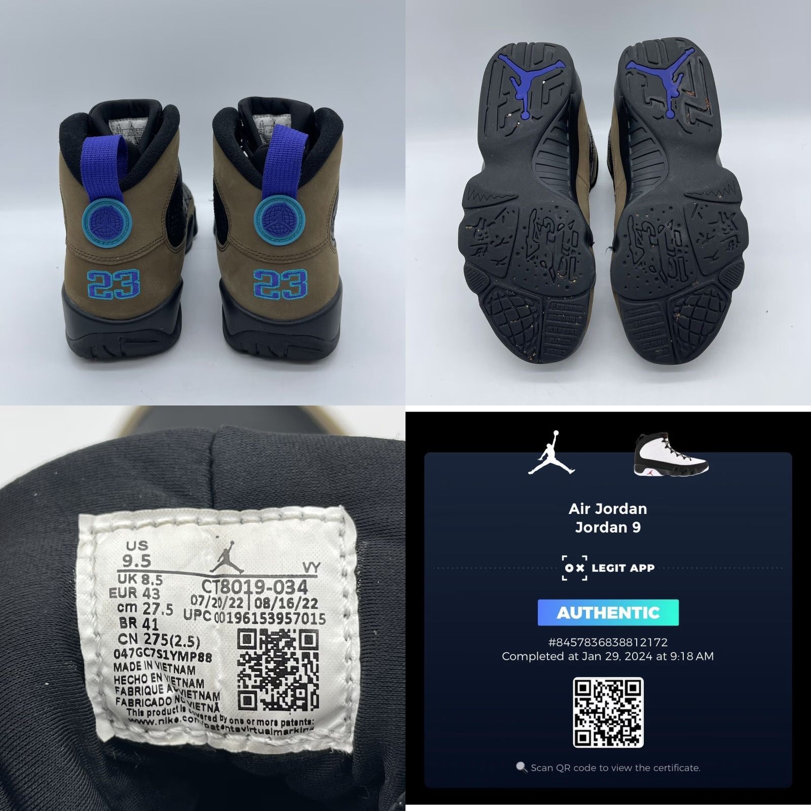 Nike Nike Air Jordan 9 Retro CT8019-034 Men's Size 9.5 Sneakers Light Olive Concord Shoes High Top Casual Athletic Size US 9 / EU 42 - 8 Thumbnail