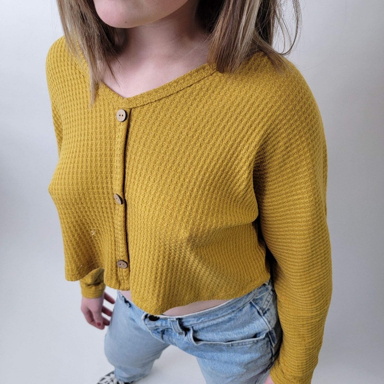 Target Basics Cropped Waffle Weave Mustard Yellow Flannel Shirt - M Size M / US 6-8 / IT 42-44 - 4 Thumbnail
