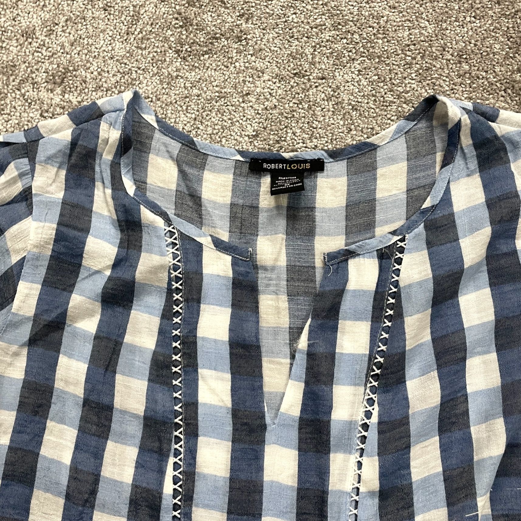 Vintage Robert Louis Blouse Womens 3XL Blue Checkered Short Sleeve V-Neck Casual Top Size XXL / US 16-18 / IT 52-54 - 3 Thumbnail
