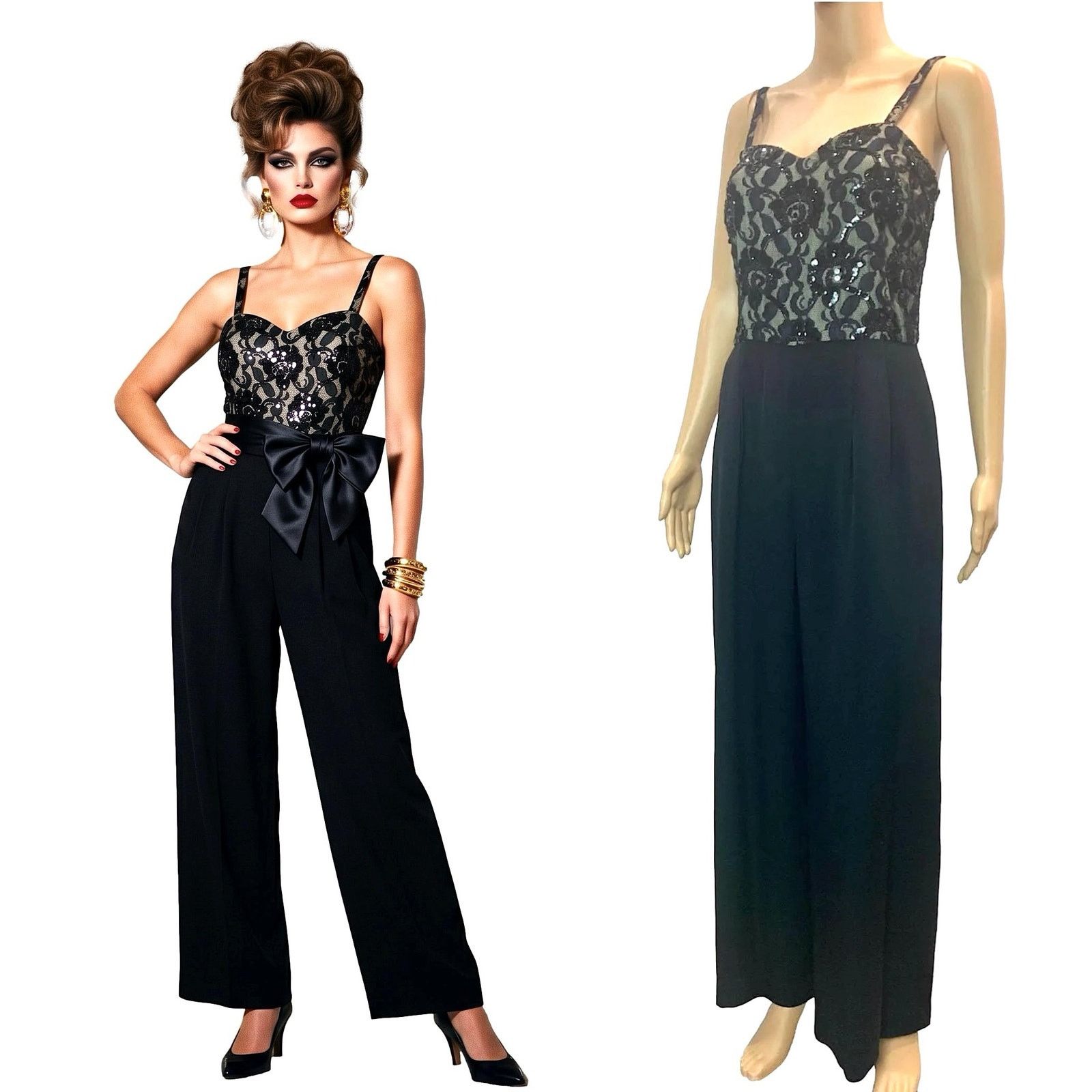 Vintage 80s Nolan Miller Black Jumpsuit Lace Beads and Sequins XS Size 27" / US 4 / IT 40 - 10 Thumbnail