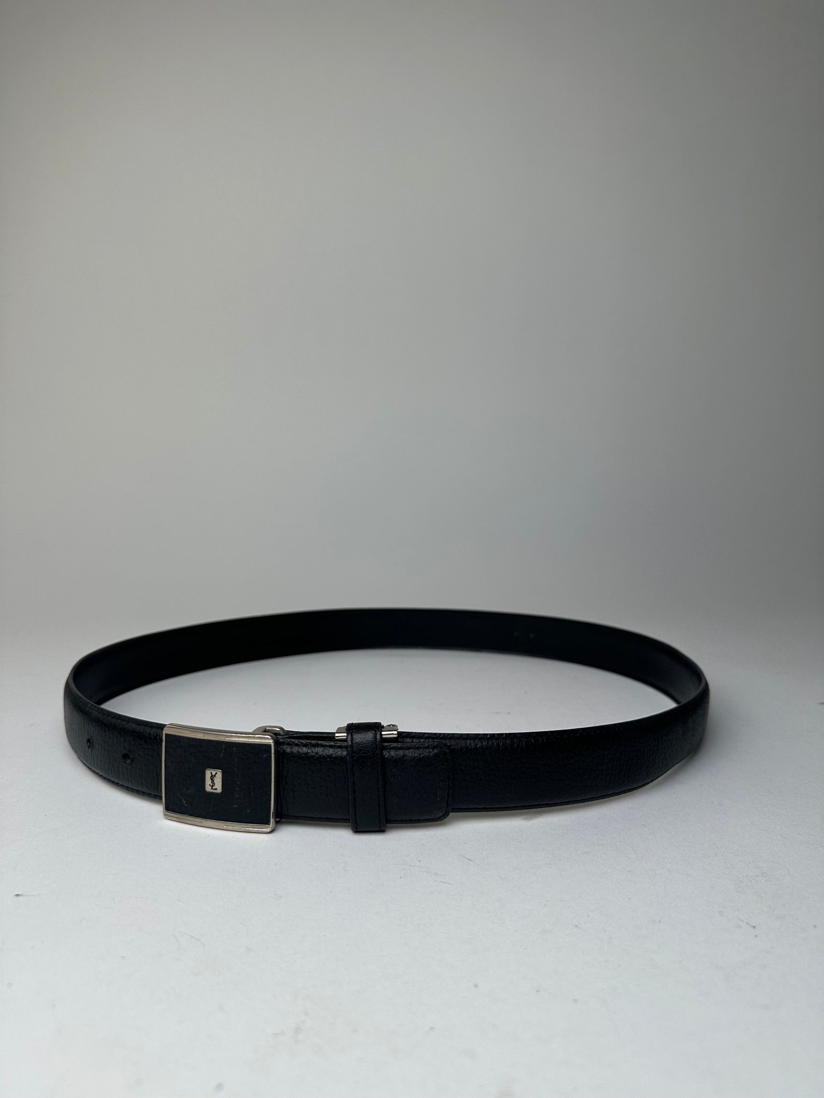 Yves Saint Laurent Textured Leather Belt Silver Buckle Black Size ONE SIZE - 1 Thumbnail