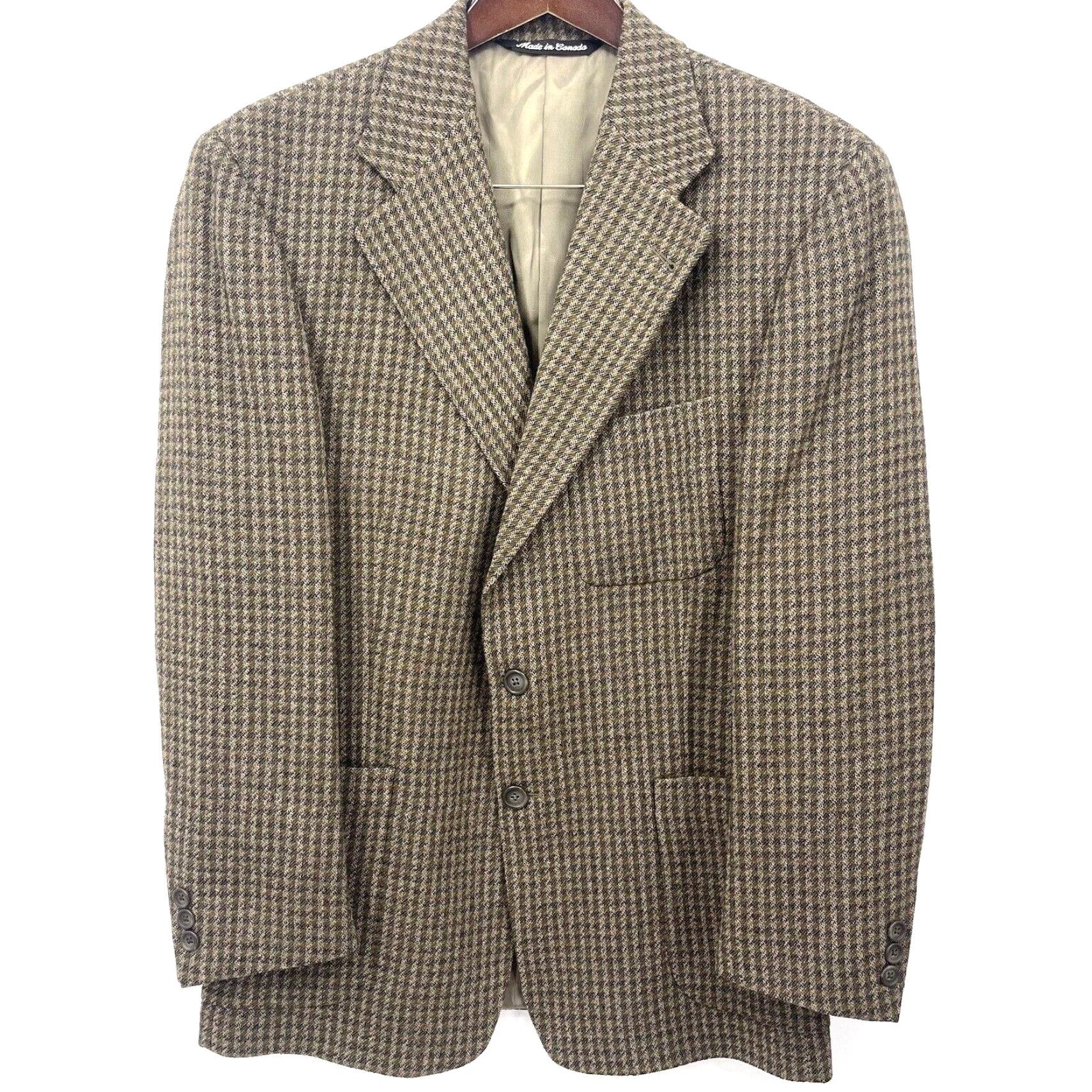 Nordstrom VINTAGE Mickey Spatz Men's Wool Blazer Jacket Single-Breasted 3-Button Houndstooth Beige Casual Business 1980s Mens Size 40R - 3 Thumbnail