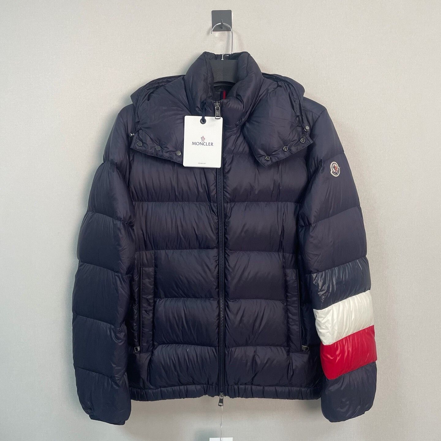 moncler striped down jacket with logo patches