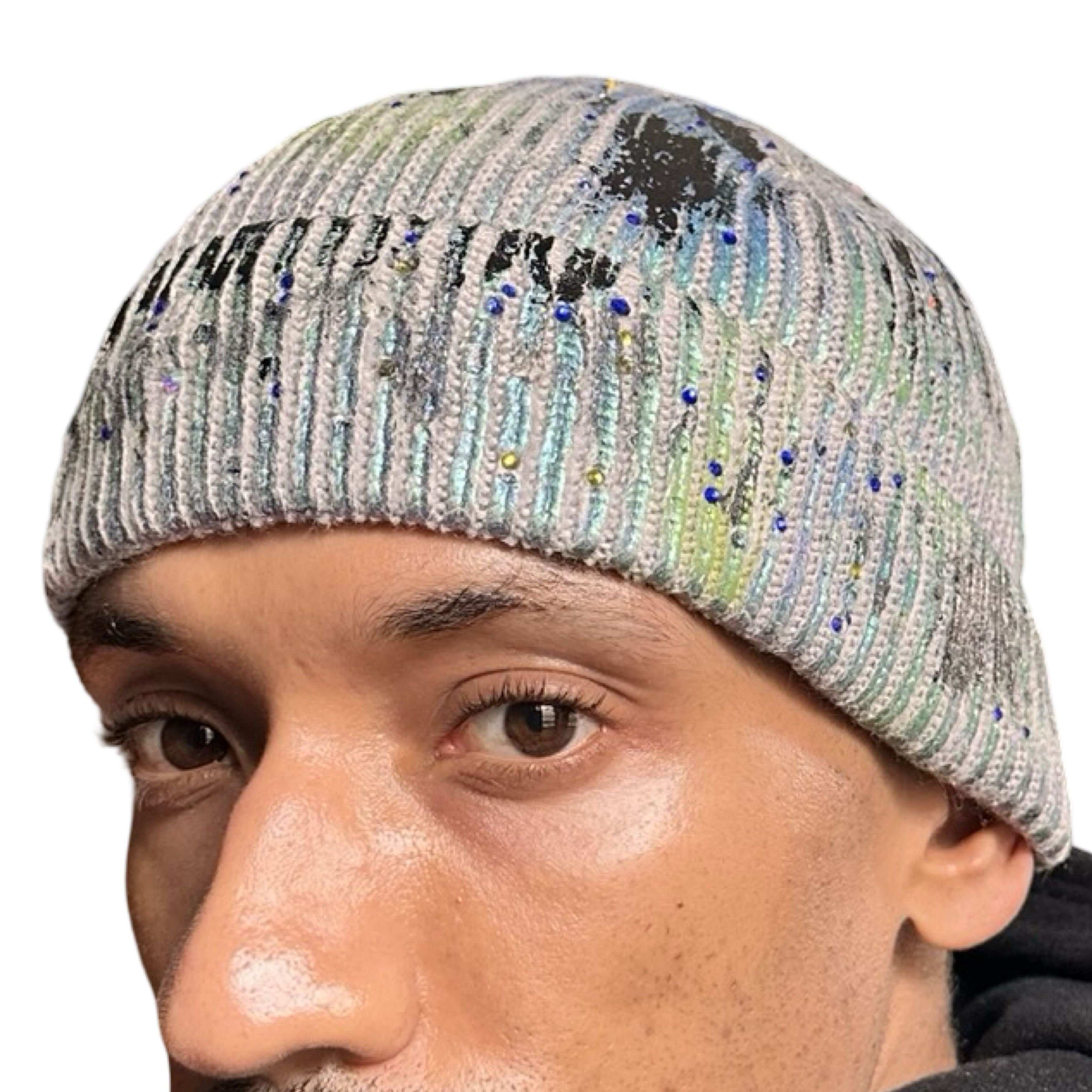 ASTROBOI* Deep Ocean Blue Green Iridescent Rhinestone Beanie