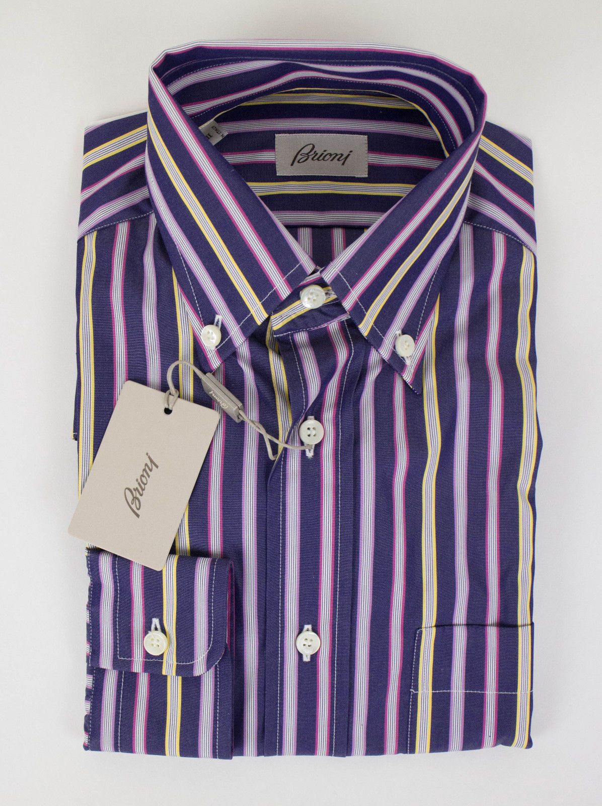 image of Brioni Purple Striped Cotton Slim Fit Dress Shirt Size Small, Men's