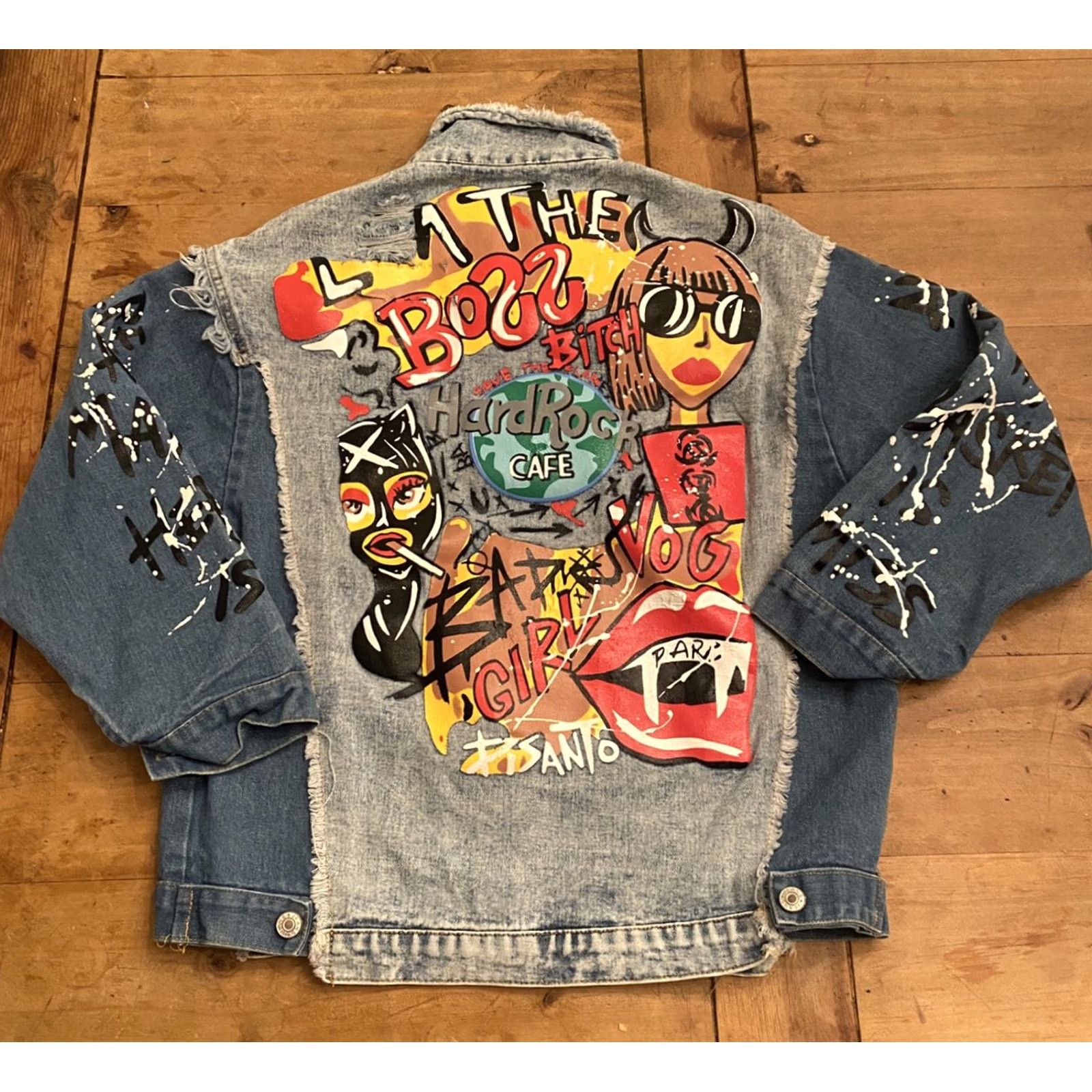 Denime VINTAGE Custom Hard Rock Cafe Bad Girl Vog Paris Catwoman Denim Jean Jacket L Blue Two Tone Women Mens? Size 36" / US 14 / IT 50 - 4 Thumbnail