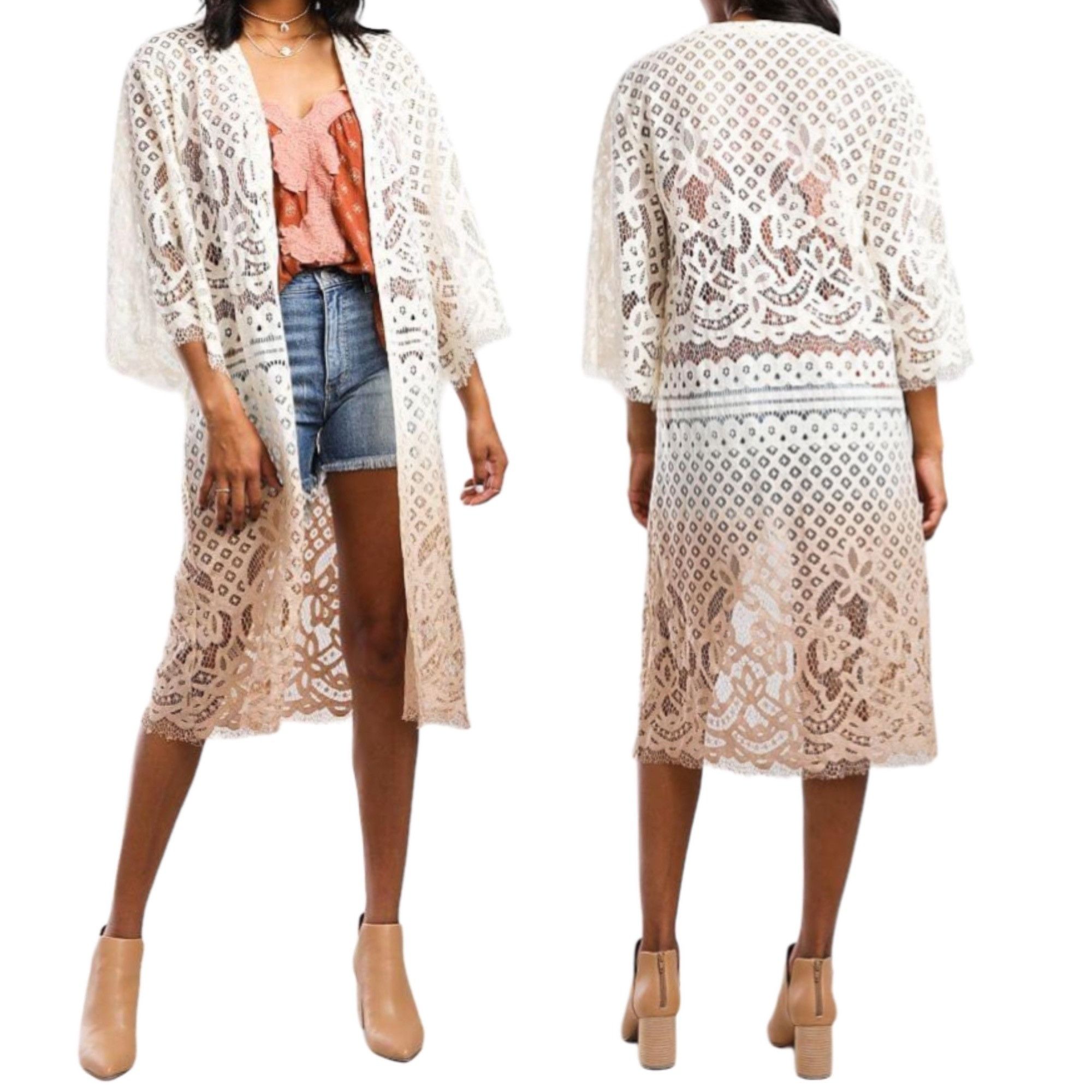 Designer Gimmick Cream Dip Dye Gradient Floral Lace Crochet Long Flya Size S / US 4 / IT 40 - 2 Thumbnail