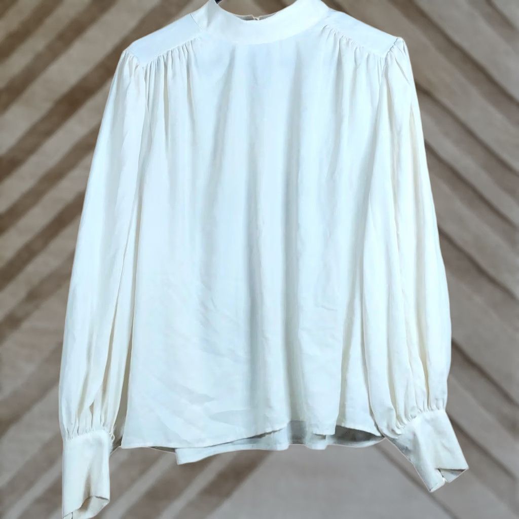 Express Express Blouse White Sheer Long Sleeve Mock Neck 100% Polyester Large Womens Size L / US 10 / IT 46 - 1 Thumbnail