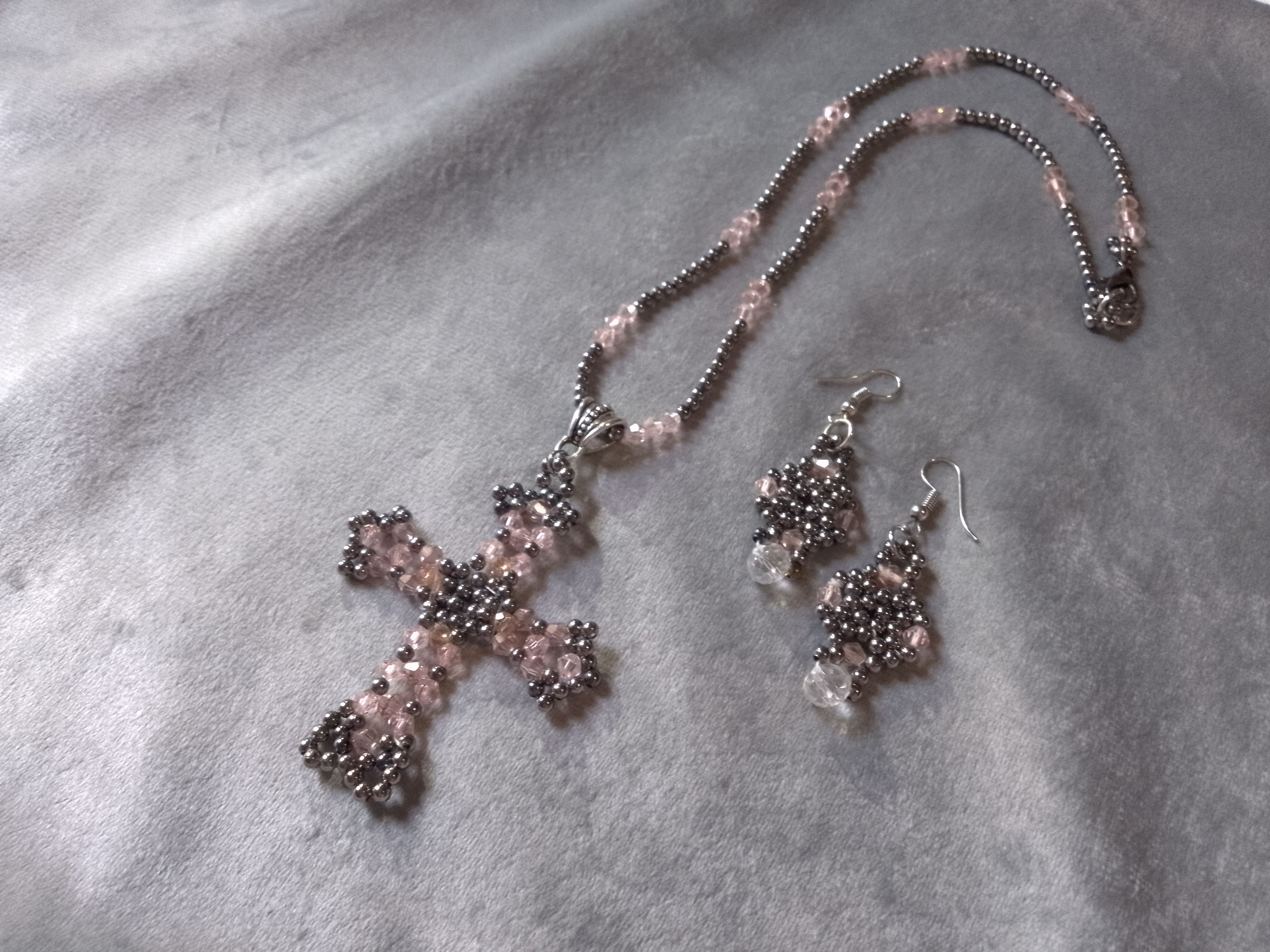 Handmade Necklace with cross pendant Earrings. Pink crystal+ brass Size ONE SIZE - 1 Thumbnail