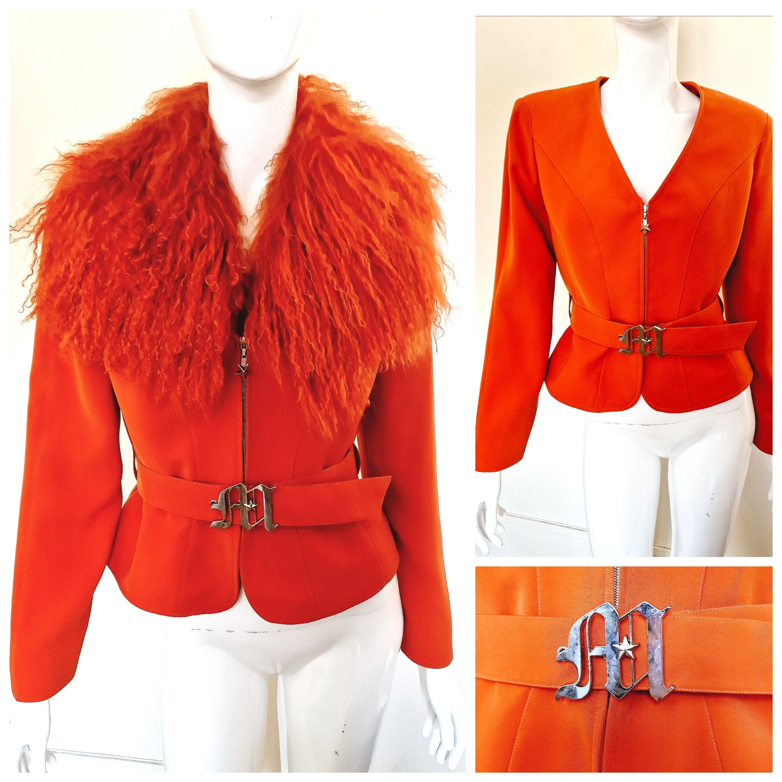 image of Thierry Mugler Lamb Fur Metal Belt Small Medium Jacket in Orange, Women's