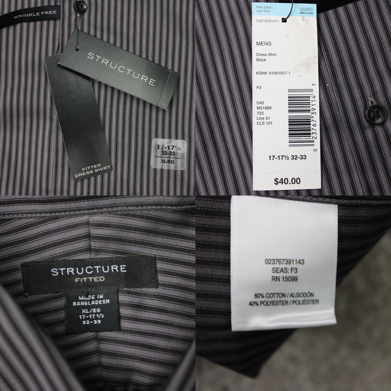 Vintage Structure Dress Shirt Mens XL 17-17 1/2 32/33 Black Wrinkle Free L/S NWT Vintage No Size 48R - 8 Thumbnail