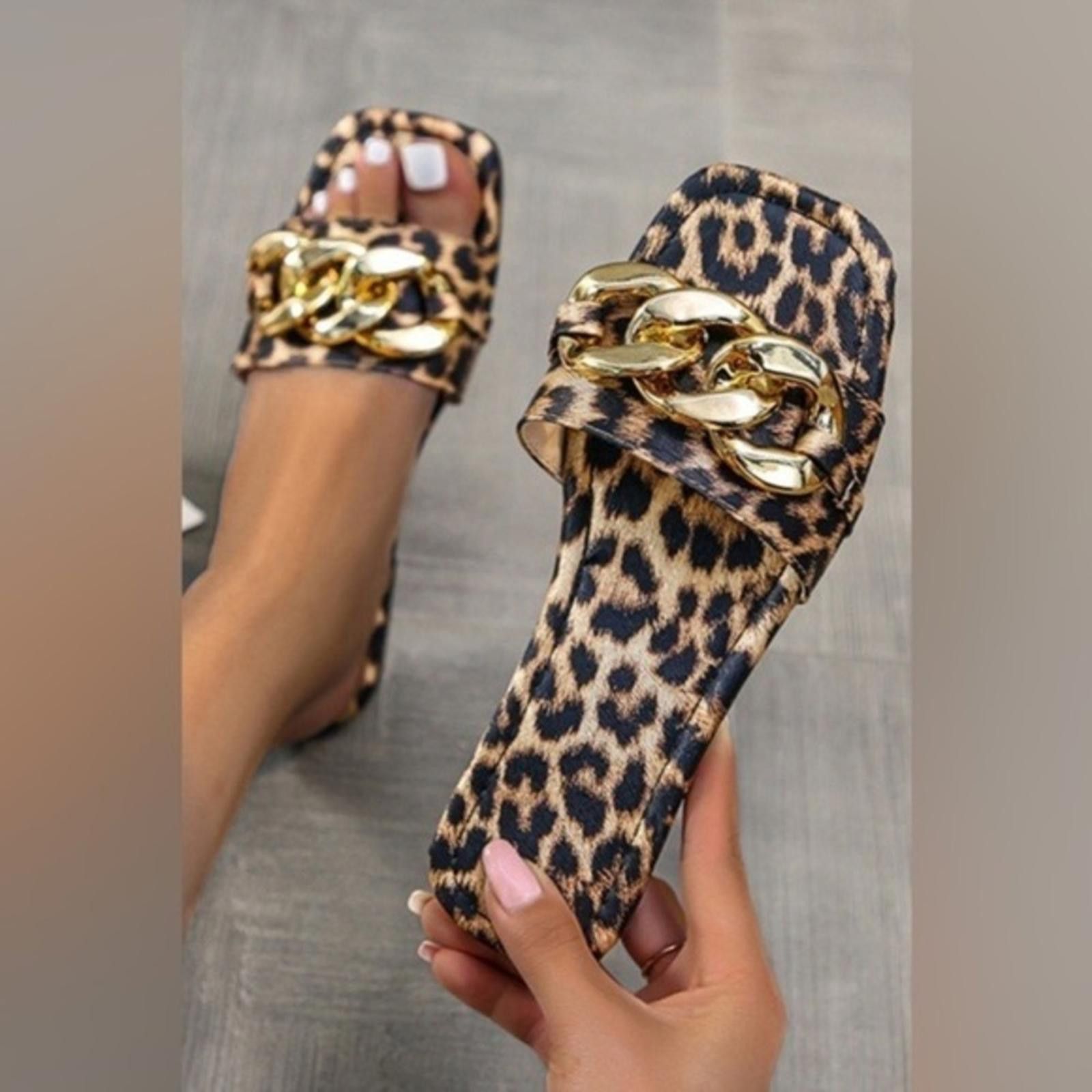 Designer Leopard Print Gold Chain Slide Sandals Size US 6.5 / IT 36.5 - 1 Thumbnail