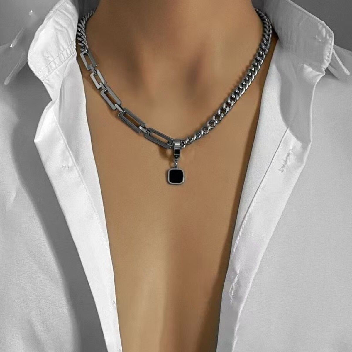 Jewelry Assymetric Steel Square Pendant Cuba Chain Necklace Size ONE SIZE - 1 Thumbnail