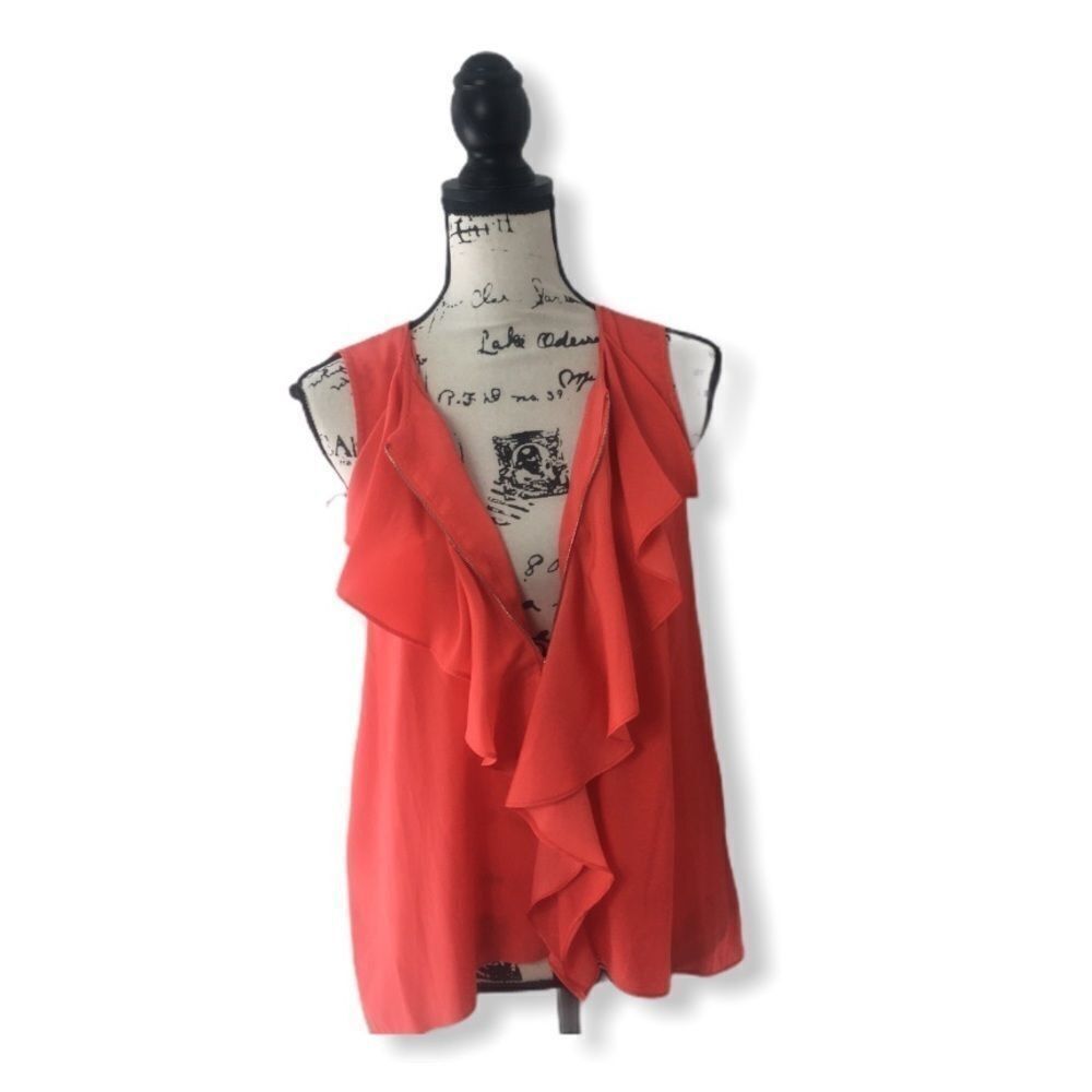 Bcbgmaxazria BCBGMAXAZRIA Steacy Ruffle Tank Top Coral Orange Zip Front S Size XS / US 0-2 / IT 36-38 - 4 Thumbnail