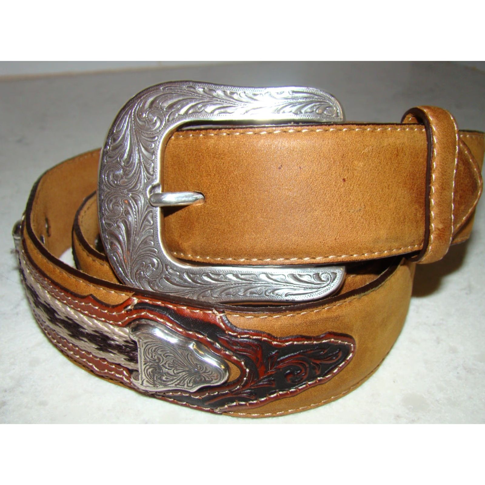 Vintage Justin THE WESTERNER Belt Mens 42 Tooled Leather Aztec Concho Brown 1 1/2” Western Mens Size 42 - 2 Thumbnail