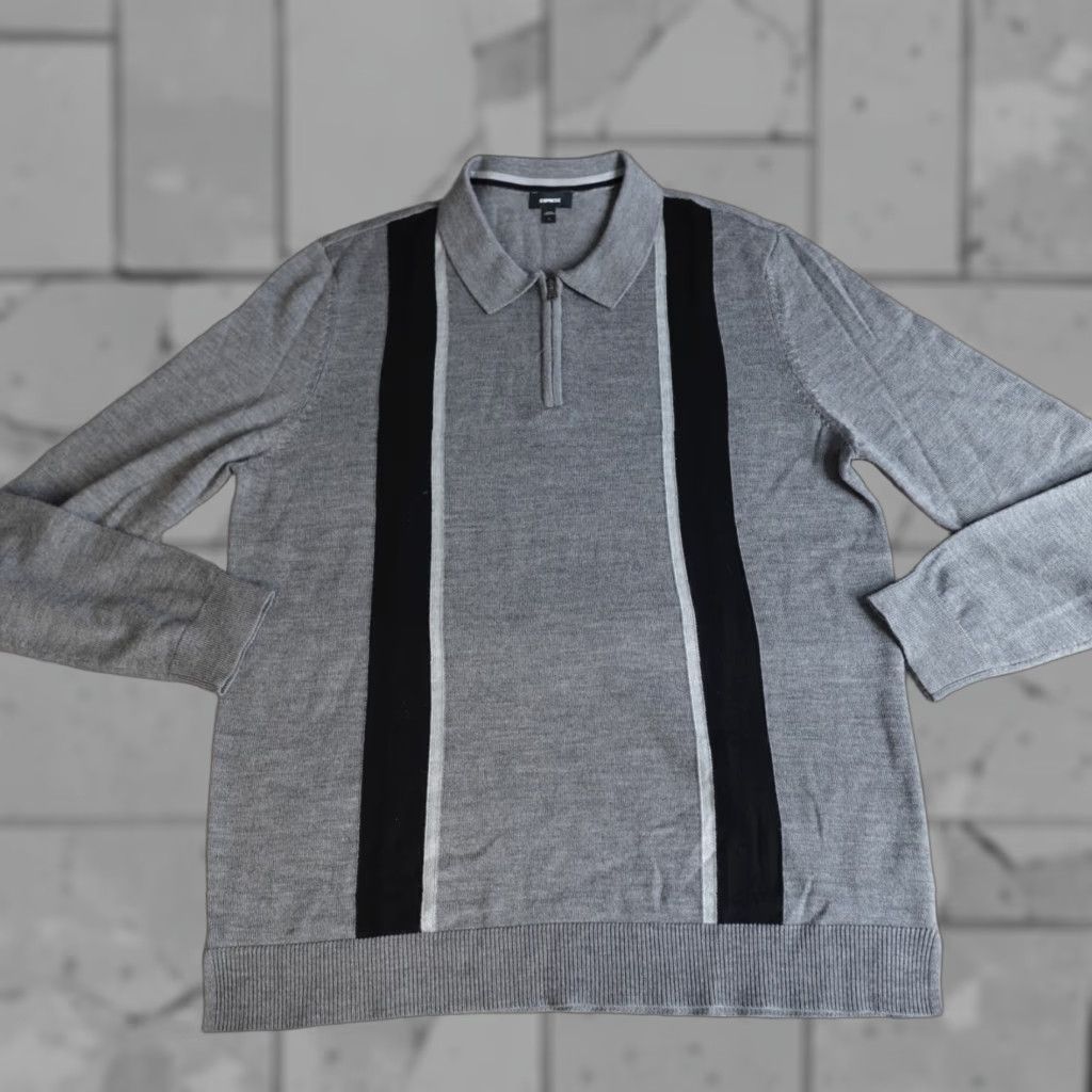 Express Express Mens Sweater Large Gray Striped 100% Merino Wool Cardigan Knit Wool Crew Neck Casual Winter Fall Spring Dept Men Size L Regular Heather gray Size US L / EU 52-54 / 3 - 1 Thumbnail