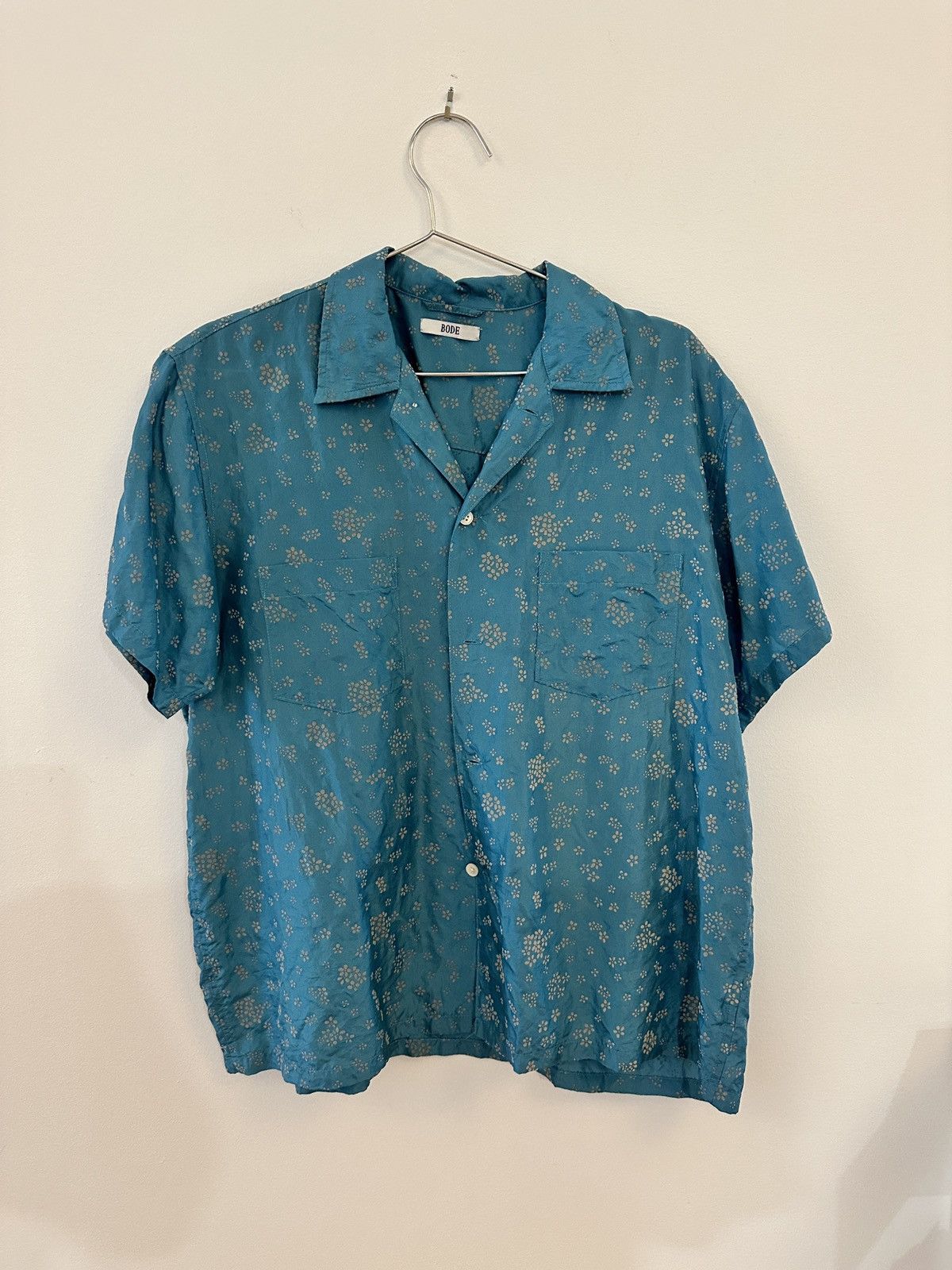 image of Bode Short Sleeve Silk Button Down in Blue, Men's (Size Small)