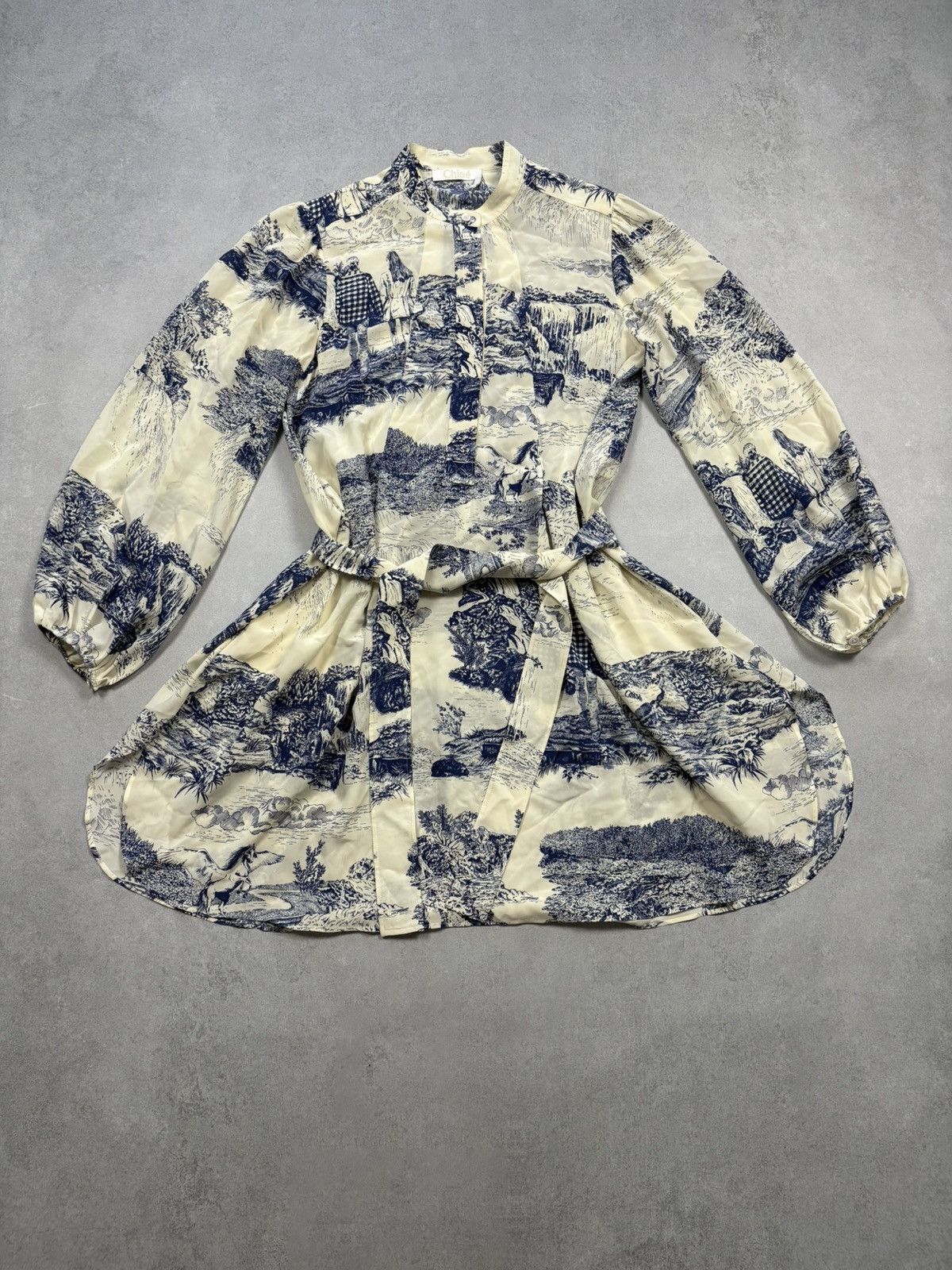Chloe Arhival Chloé White & Blue Silk Toile Print Dress France 40 Size M / US 6-8 / IT 42-44 - 1 Thumbnail