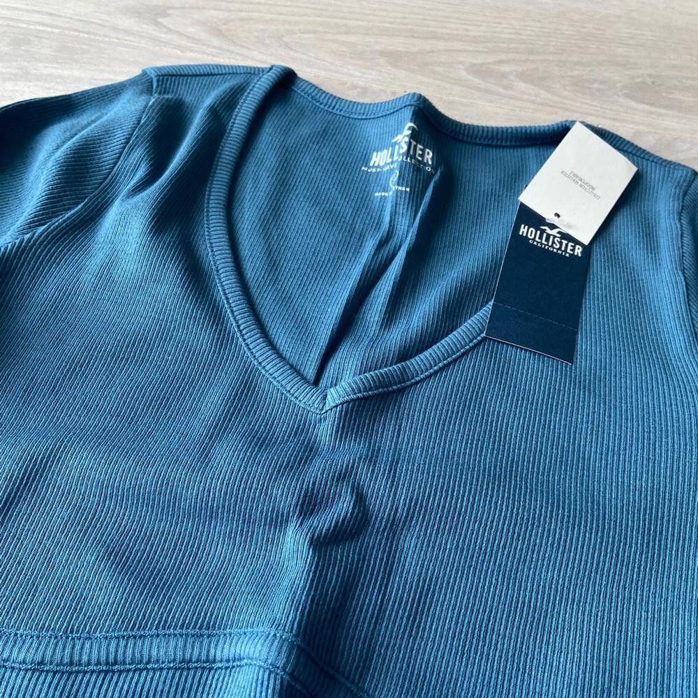 Designer Hollister Blue Seamed V Neck Long Sleeve Shirt Size S / US 4 / IT 40 - 3 Thumbnail