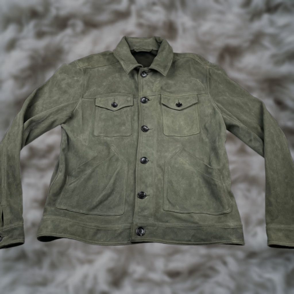 Mr P. Mr P. Men’s 100% Goat Suede Trucker Jacket Green Large Size US L / EU 52-54 / 3 - 1 Thumbnail
