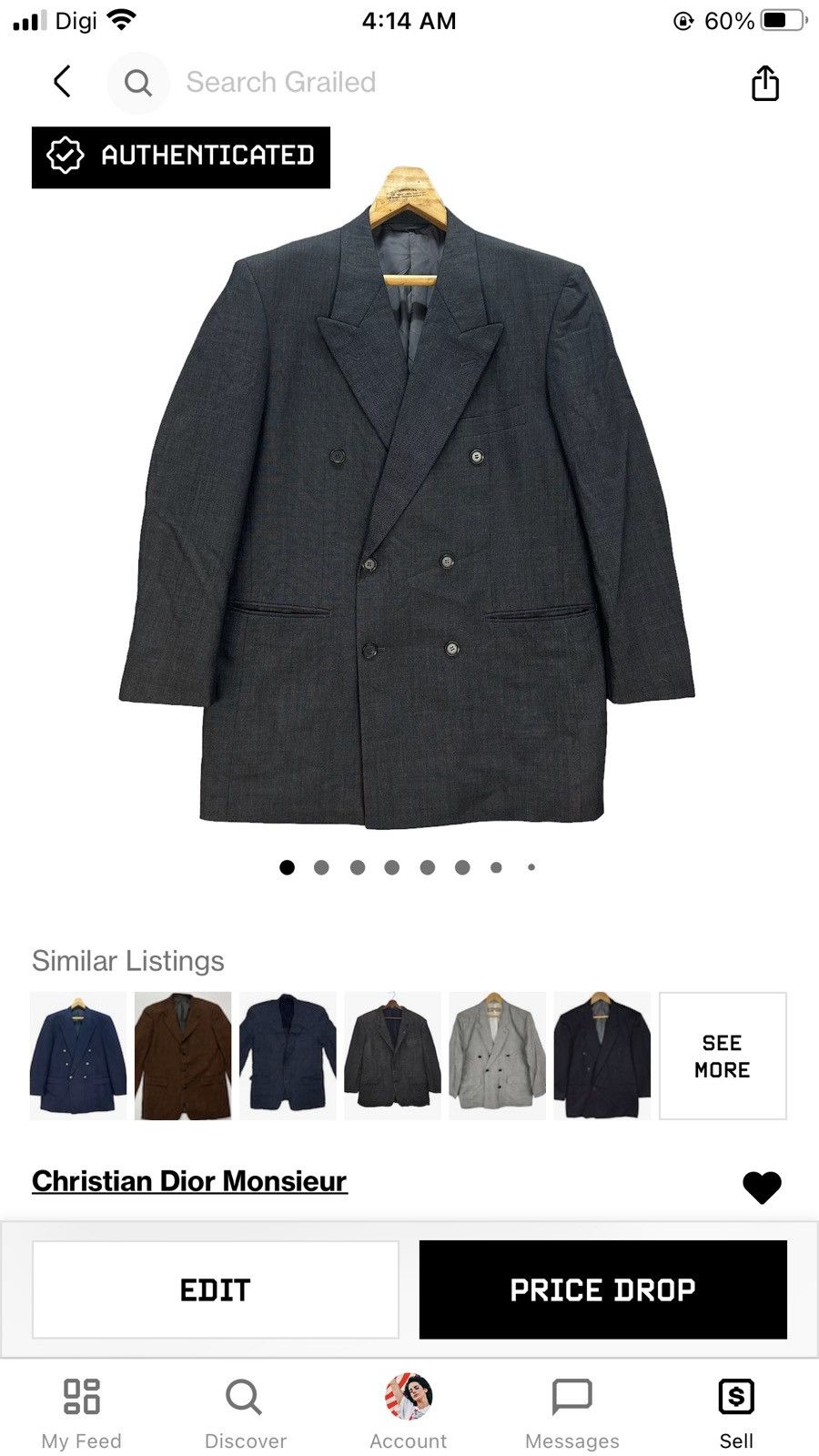 Christian Dior Monsieur CHRISTIAN DIOR DOUBLE BREASTED SUIT JACKET #8298-002 Size 44R - 12 Thumbnail
