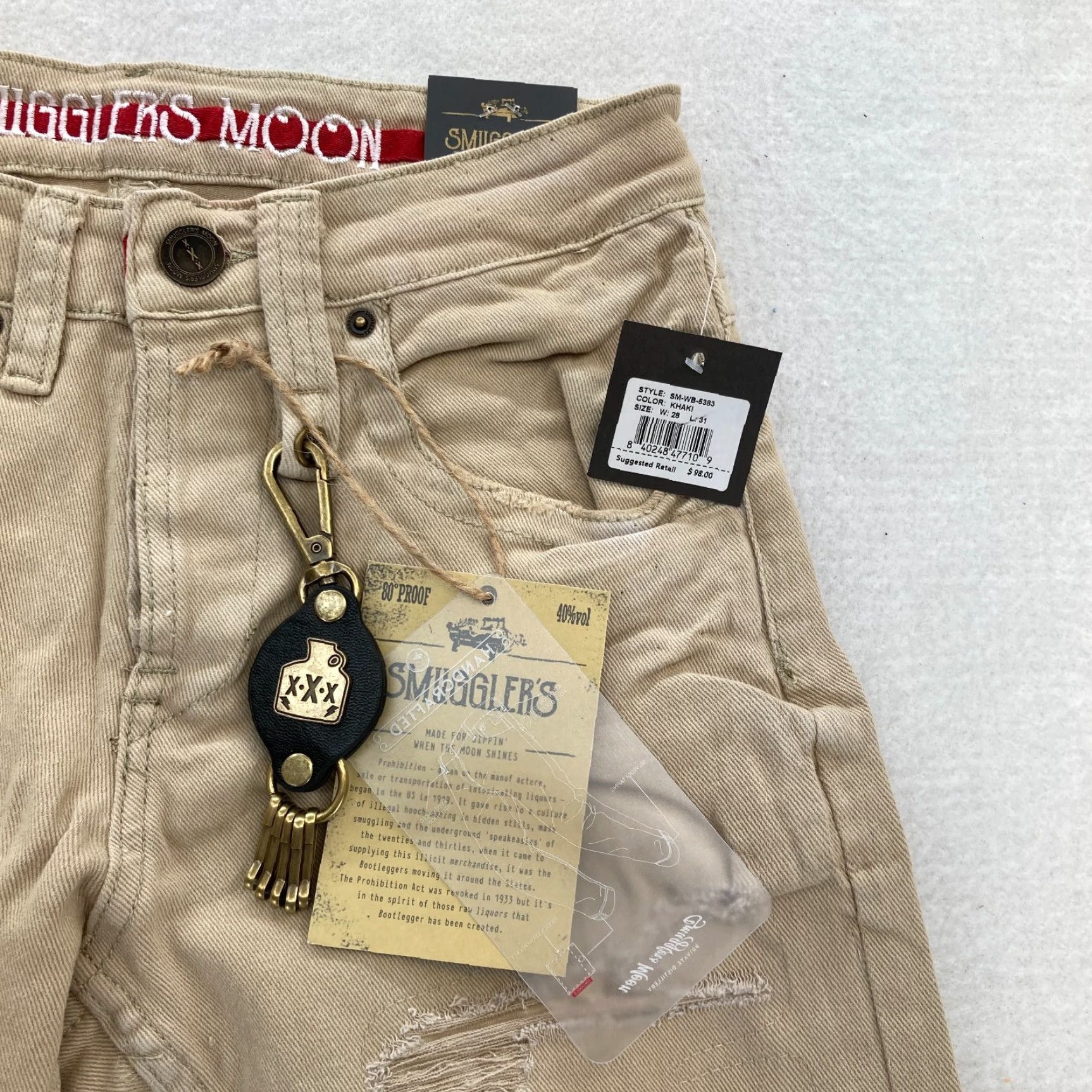 Denime Smugglers Moon Jeans Mens 28x31 Khaki Beige Denim Button Fly Roll Up Distressed Slim Jeans Men Size US 28 / EU 44 - 5 Thumbnail