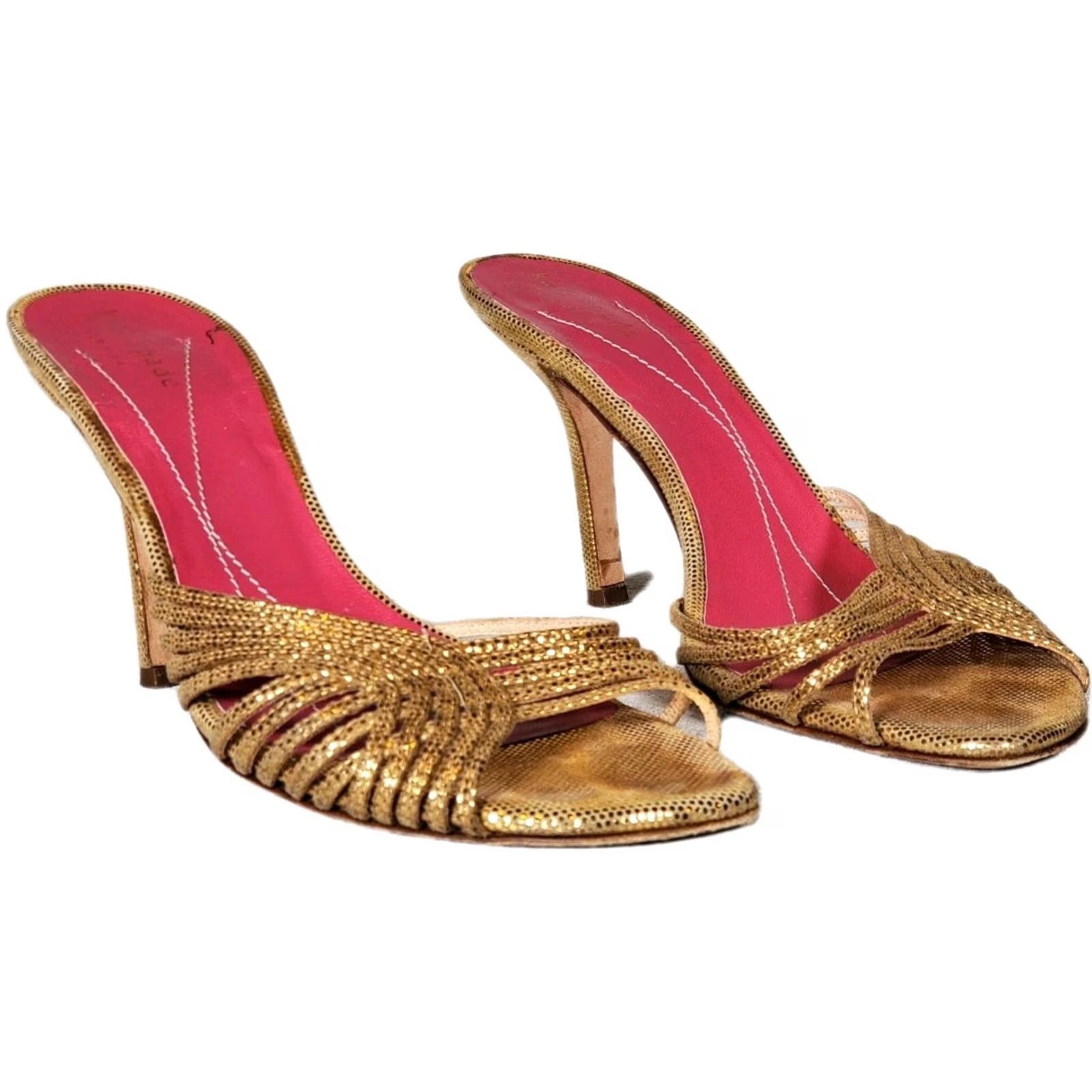 Vintage Kate Spade New York Gold Metallic Leather Open Toe Slip On High Heels Women US 7.5 B Italy Stiletto Size US 8 / IT 38 - 2 Thumbnail