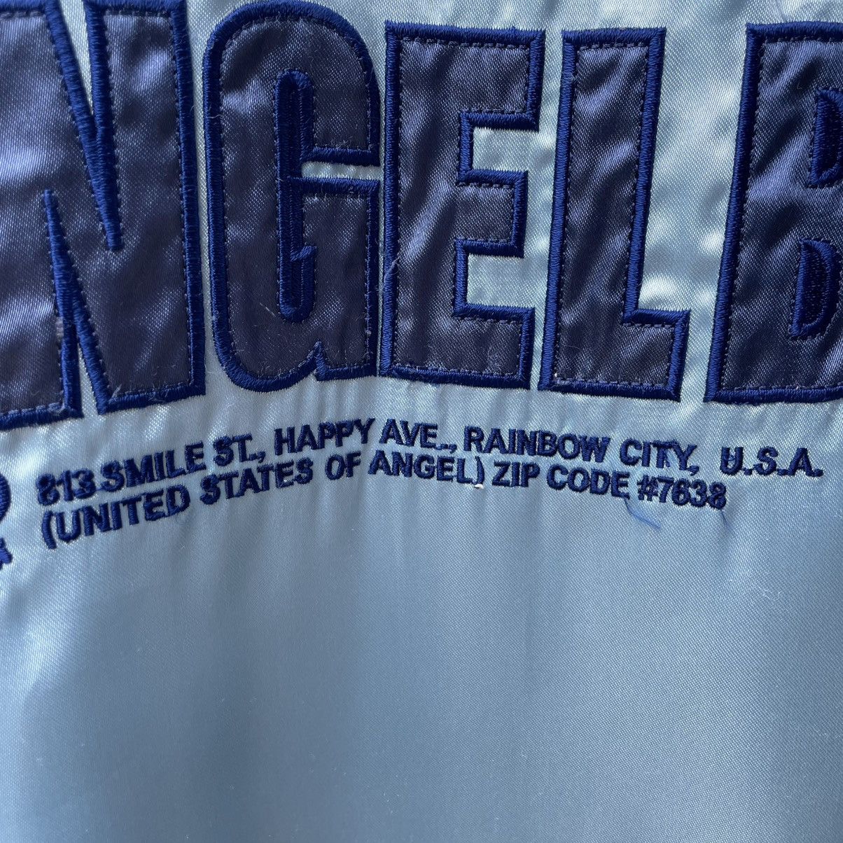 Japanese Brand 🔥🇯🇵Vintage Angel Blue Big Spellout Kids Sukajan Satin Jacket Size US XS / EU 42 / 0 - 8 Thumbnail