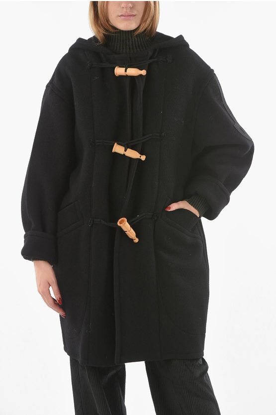 image of Patou Hooded Duffle Wool And Cashmere Coat With Frogs in Black, Women's (Size Small)
