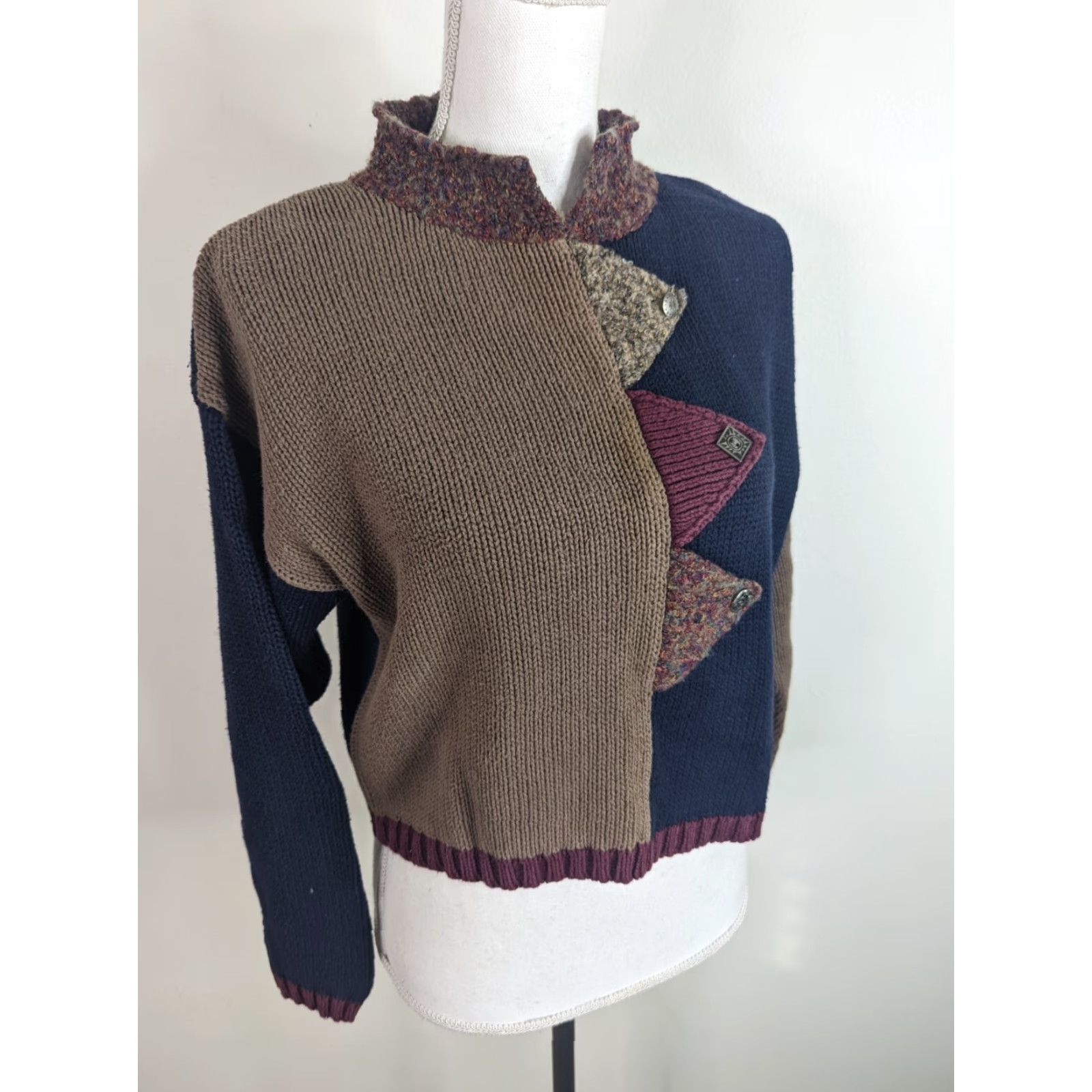 Vintage VINTAGE 90s Lagenlook Grunge Crop Patchwork Sweater Women's Small S3C Blue Beige Shirt Pullover Womens 90s Size S / US 4 / IT 40 - 2 Thumbnail