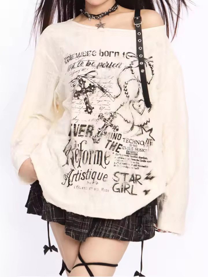 Japanese Brand Grunge Distressed Off-Shoulder Graphic Longsleeve Size S / US 4 / IT 40 - 9 Thumbnail