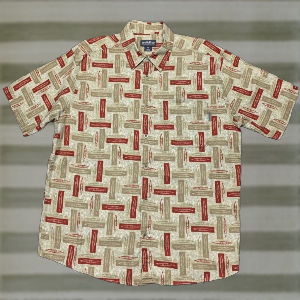 Vintage Woolrich Shirt Short Sleeve Button-Down Casual Travel Mens L Brown Red Cotton Geometric Pattern Size US L / EU 52-54 / 3 - 1 Thumbnail