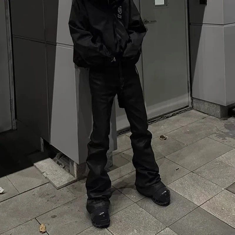 image of Distressed Denim x Jean Y2K Streetwear Wax Leather Strecth Jean in Black, Men's (Size 29)