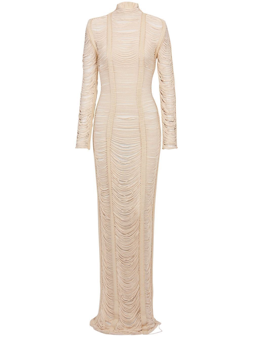 image of Balmain O1Srvl11E0524 Long sleeve Allover Ropes Knit Maxi Dress In White, Women's (Size Small)