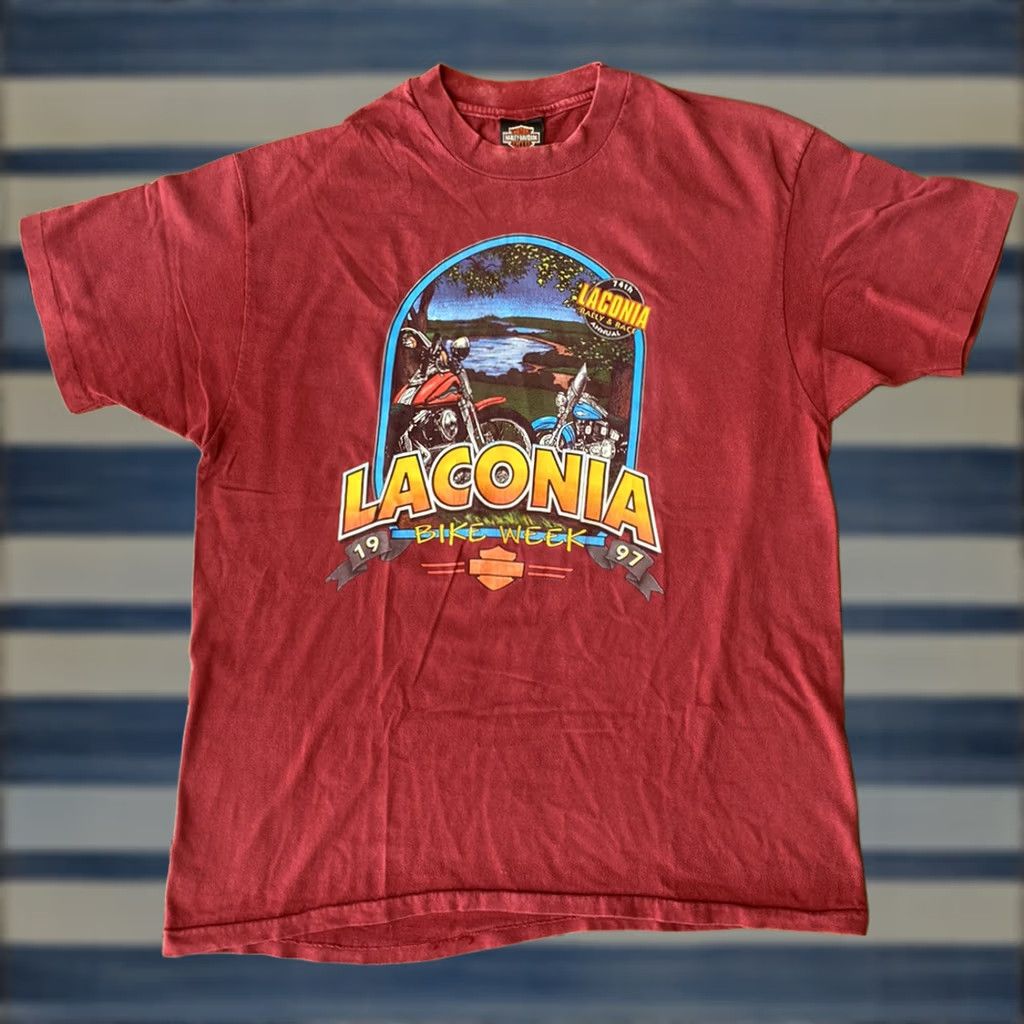 Harley Davidson VINTAGE Harley-Davidson T Shirt XL Maroon 90s Biker Bike Week Laconia Logo Short Sleeve Crew Neck Men Size US XL / EU 56 / 4 - 1 Thumbnail