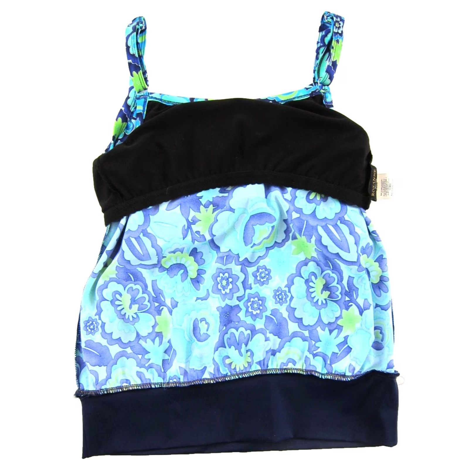 Vintage VTG Roxanne Tankini Swim Top 12 DD Blue Green Silver Metallic Tropical Floral Built-In Bra Padded Nylon Women Tankini Sized DD Girls Mens Size XL / US 12-14 / IT 48-50 - 5 Thumbnail