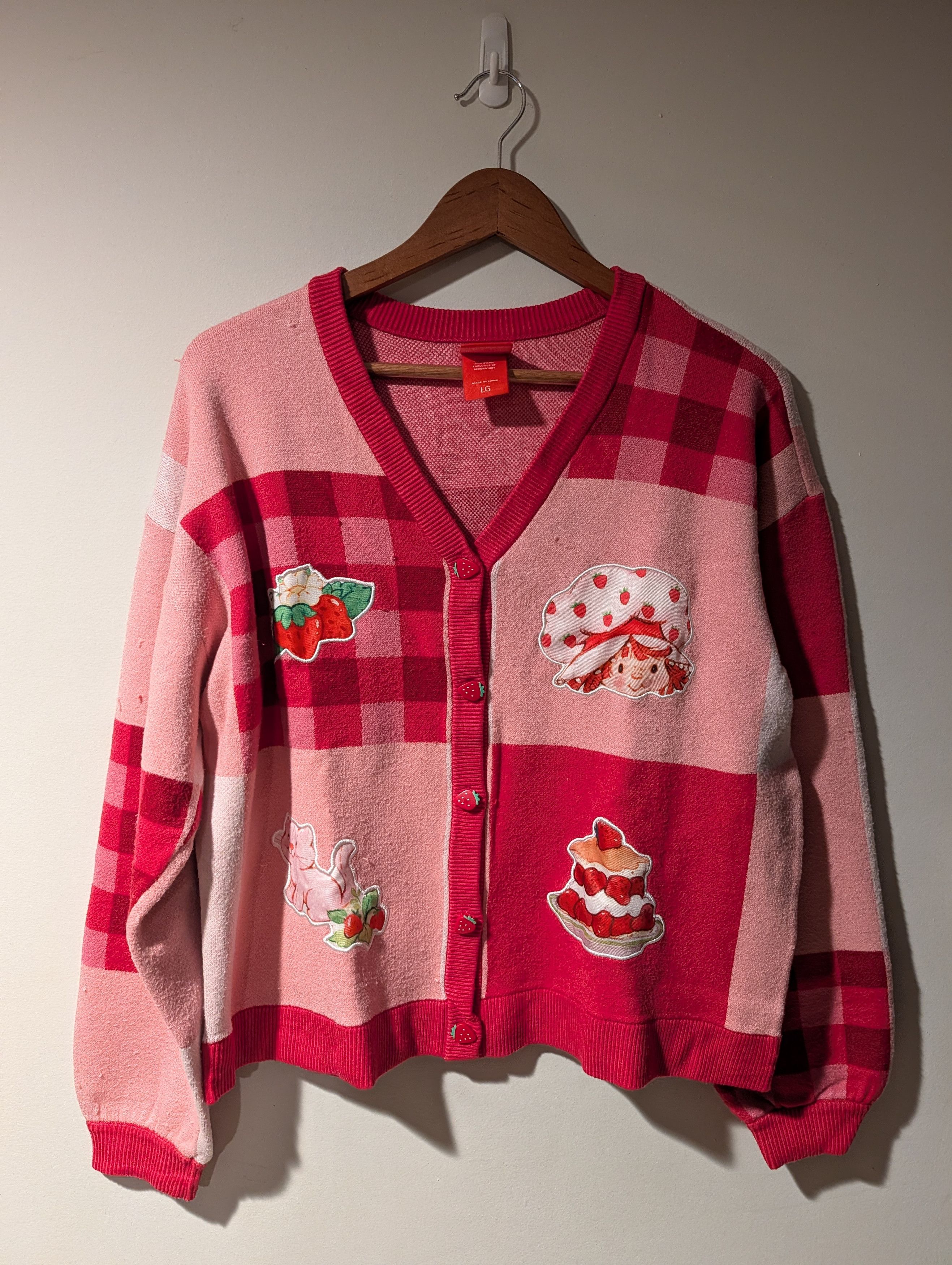 Strawberry Strawberry Shortcake Cardigan Sweater Pink Gingham Patchwork Size L / US 10 / IT 46 - 1 Thumbnail