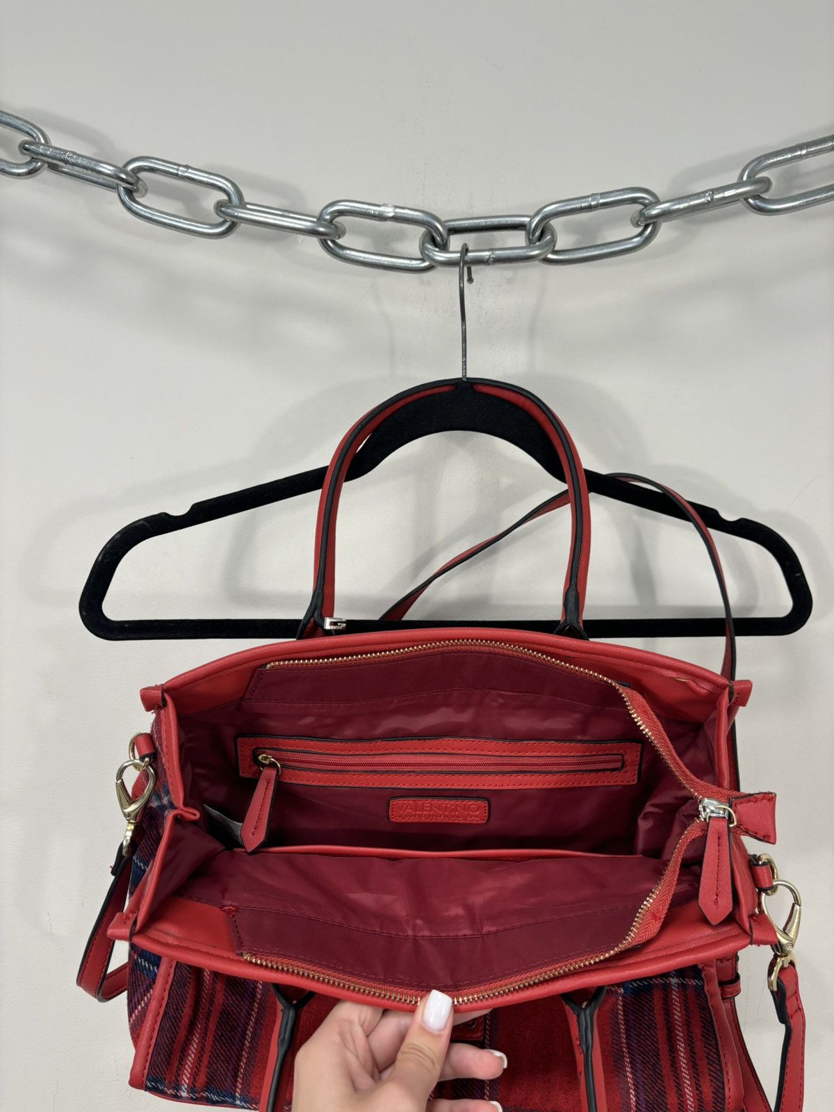 Mario Valentino Mario Valentino Red Plaid Top Handle Satchel Tote Bag Size ONE SIZE - 16 Thumbnail