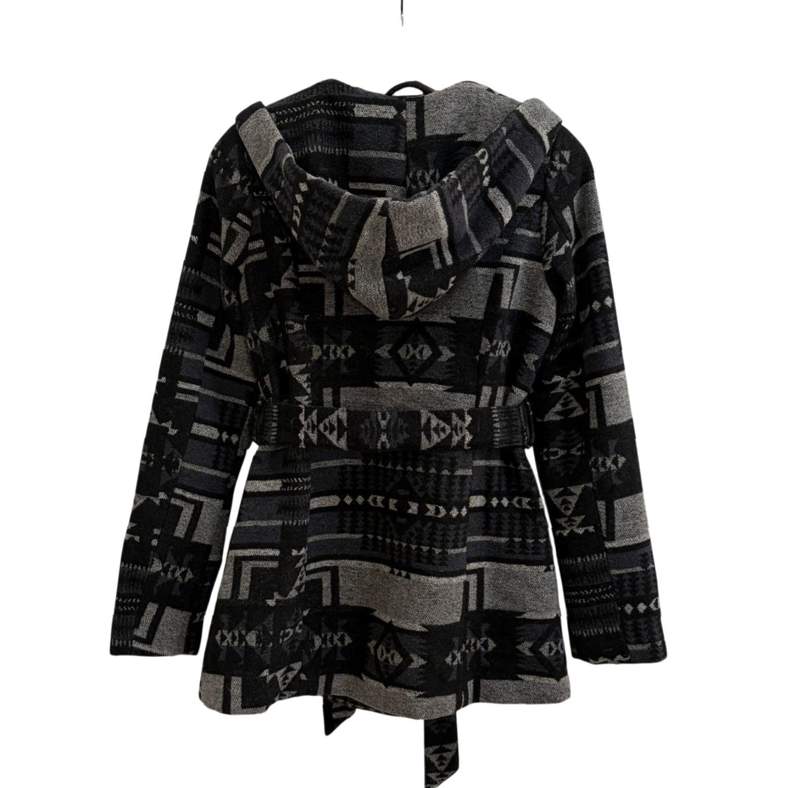 Vintage Kirra Coat Women Small Gray/Black Aztec Print Hooded Tie Waist Belted Toggle Button Size S / US 4 / IT 40 - 2 Thumbnail