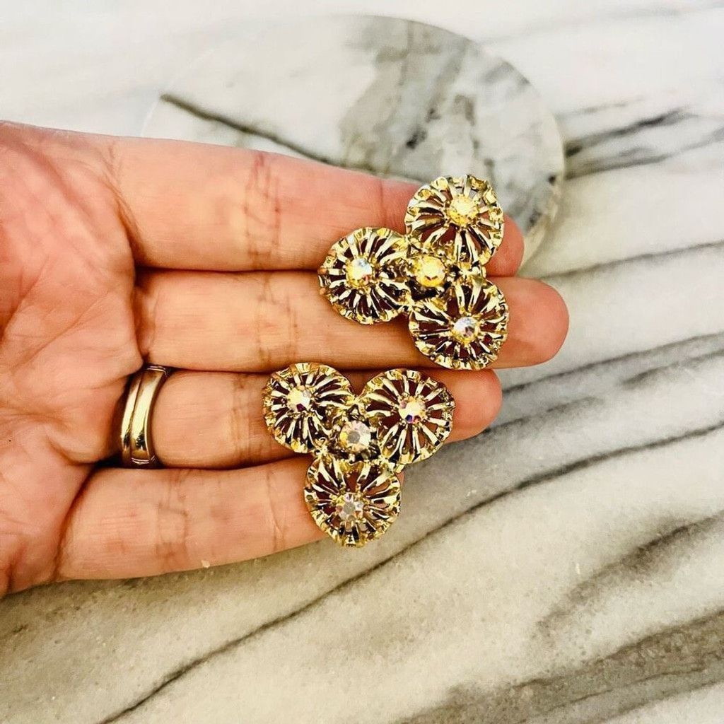 Vintage Vintage AB Crystal Earrings Clip On Gold Toned Metal Size ONE SIZE - 4 Thumbnail