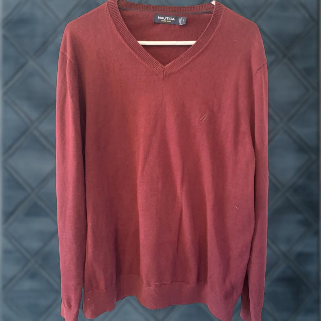 Nautica Nautica Maroon V-Neck Long Sleeve Sweater Mens L 100% Cotton Textured Knit Logo Modern Classic Size US L / EU 52-54 / 3 - 1 Thumbnail